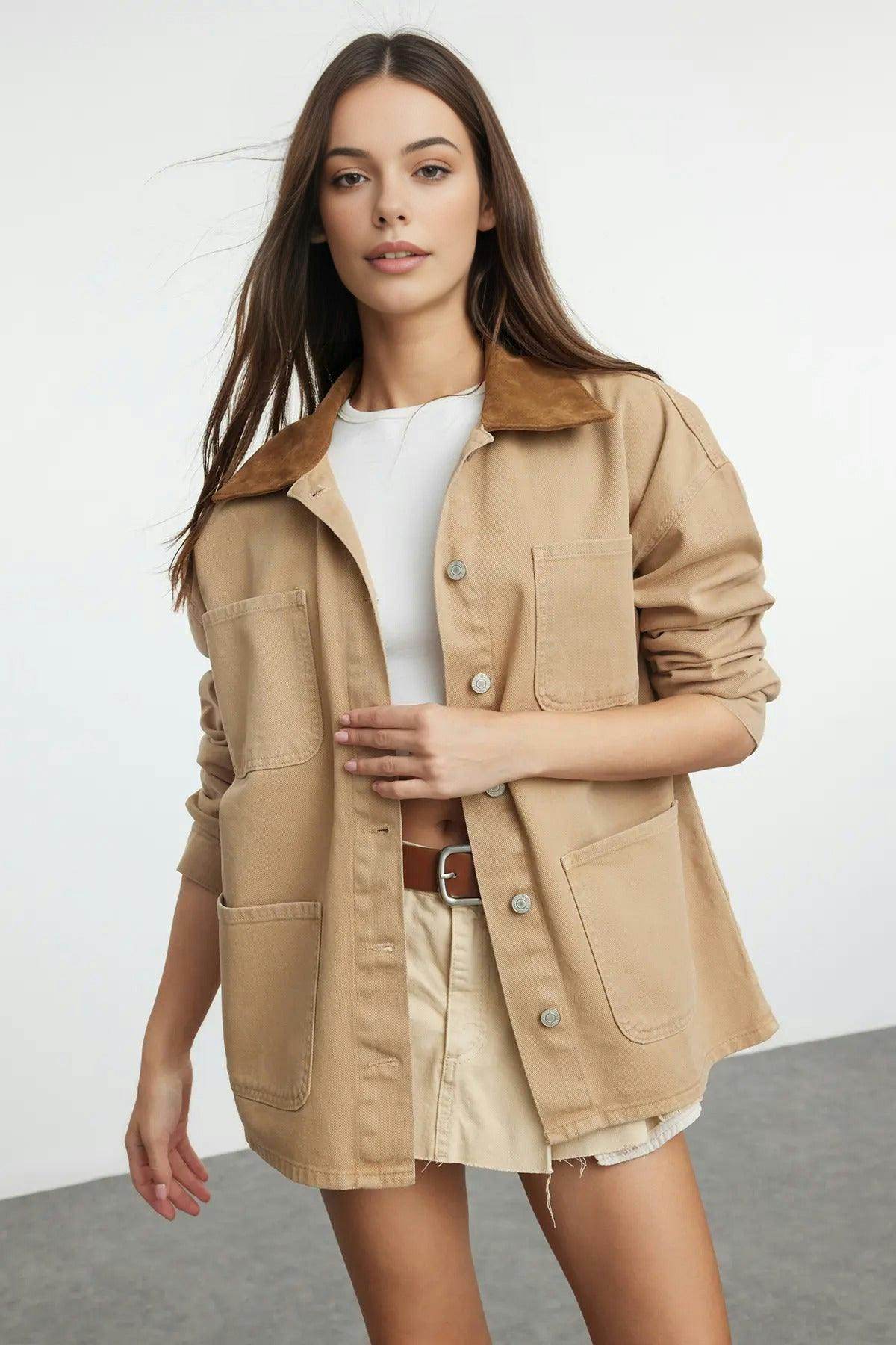 Wovcor Suede Contrast Collar Denim Shirt Jacket - Camel - Xs