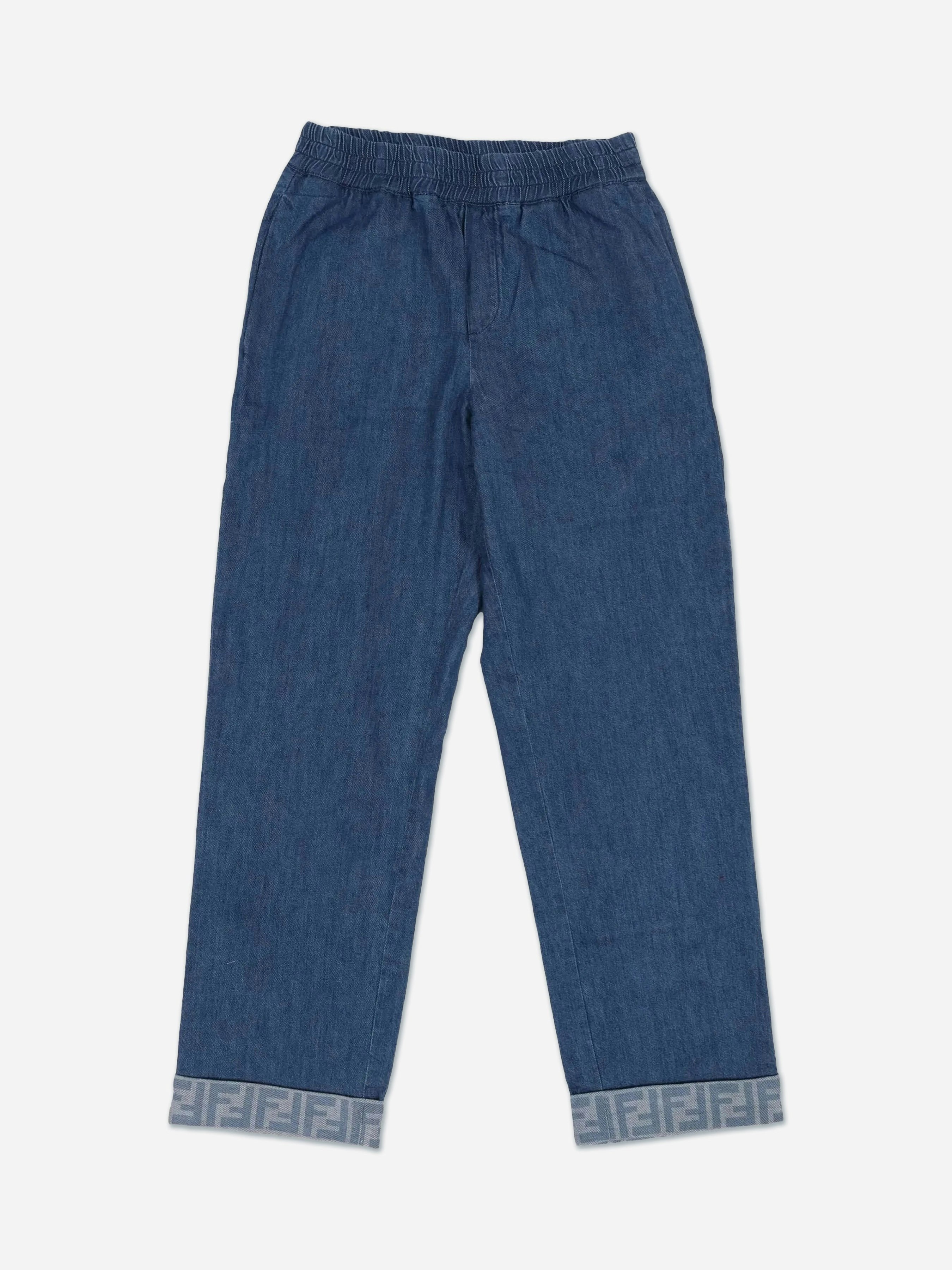 Fendi Kids Blue Denim Wide Leg Ff Logo Jeans In - 4 Yrs
