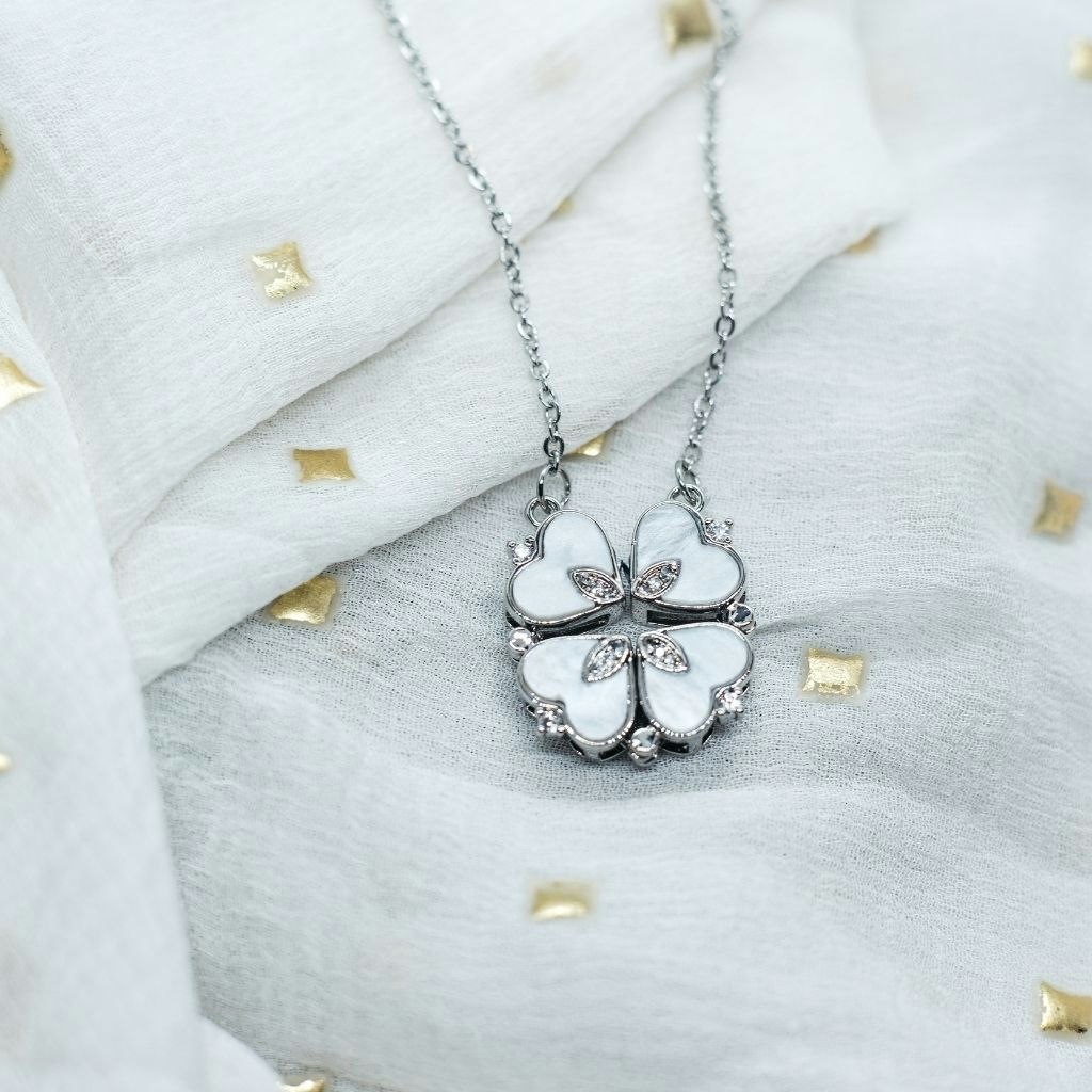 The Colourful Aura Women's Silver Four Heart Magnet Zircon Crystal Foldable Drop Pendant Flower Necklace In - Image 2
