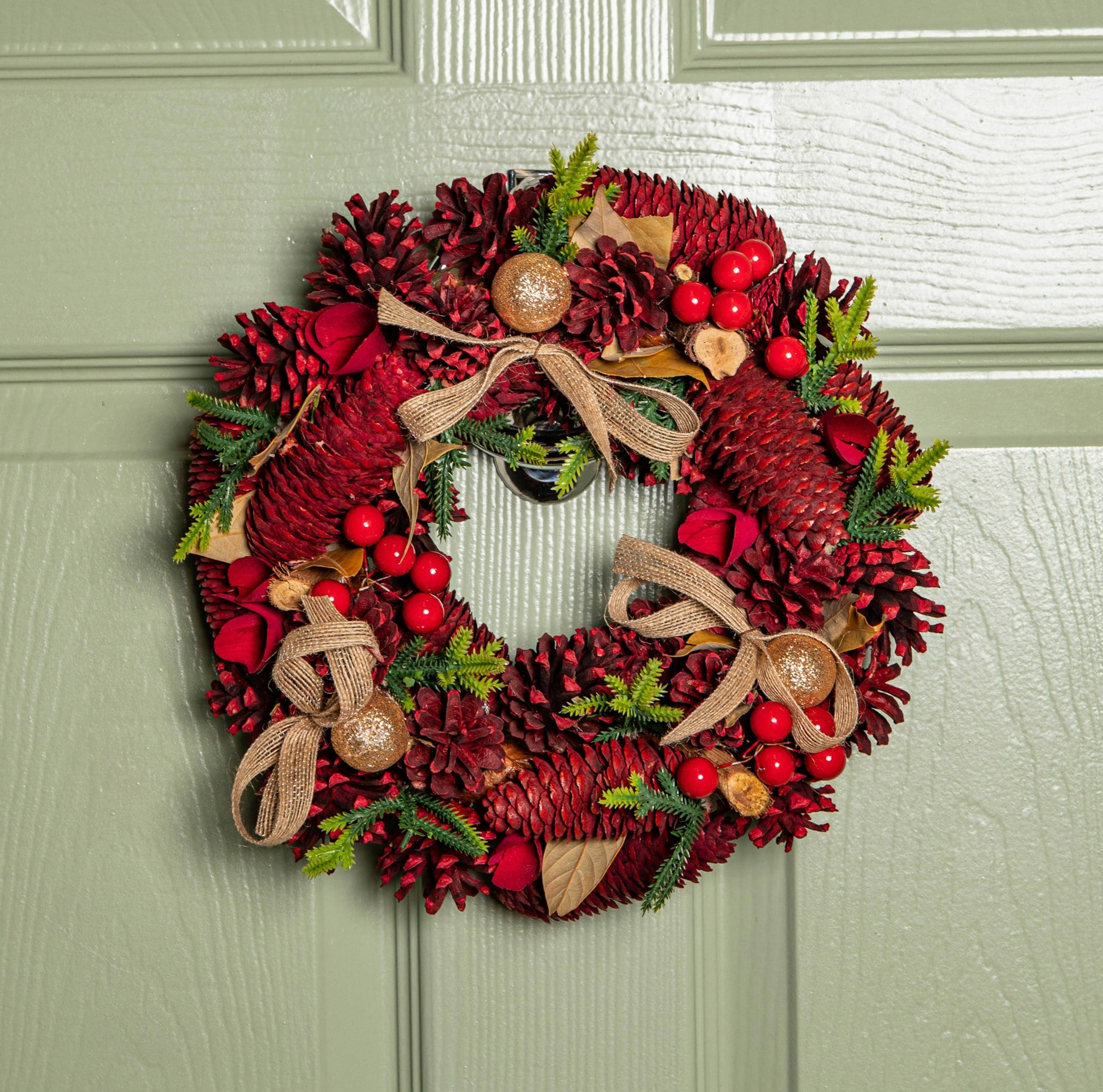 Rackhams Red 30Cm Rose Hanging Christmas Wreath With Pinecones & Berries