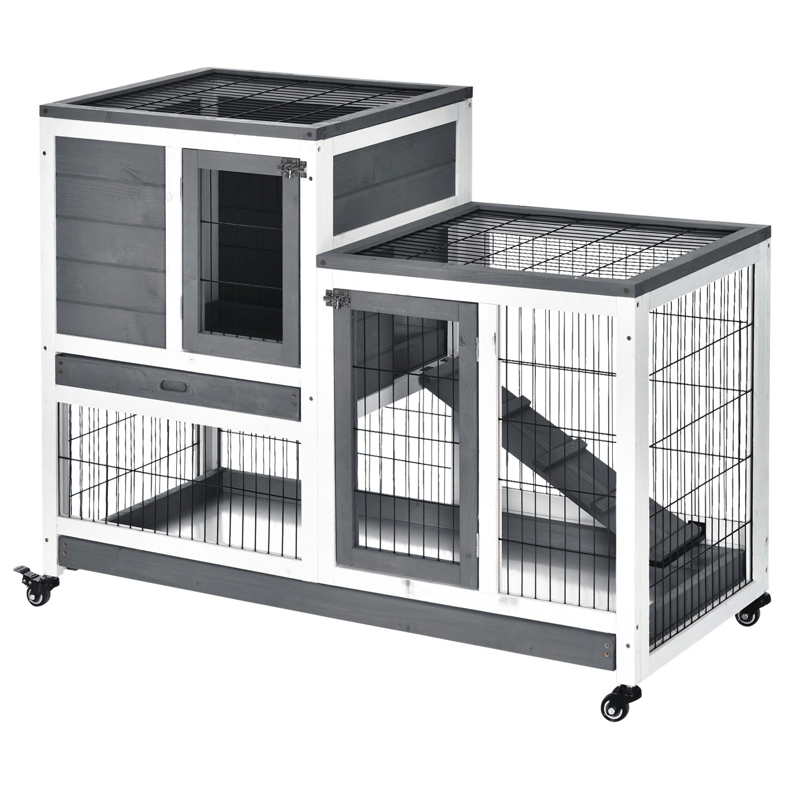 Pawhut Grey Wooden Indoor Rabbit Hutch Elevated Bunny Cage With Enclosed Run W/Wheel - Fir Wood - Size 1