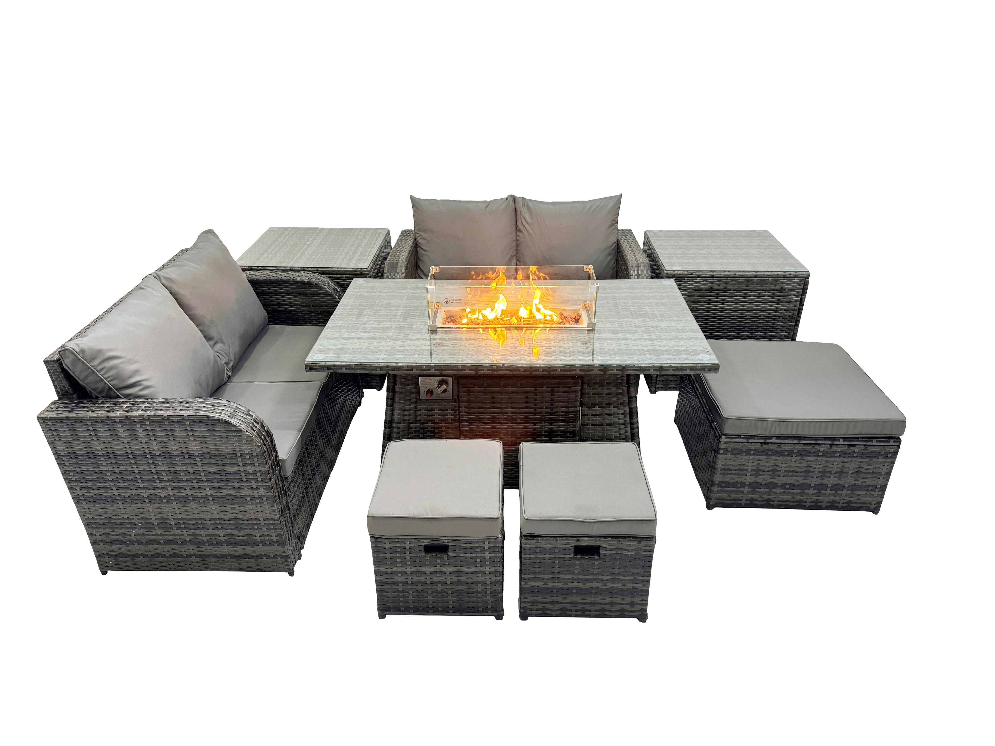 Fimous Dark/Grey 7 Seater Patio Gas Firpit Dining Table Sofa Sets Rattan Garden Furniture Dining Set With 3 Stools 2 Side Tables Mixed