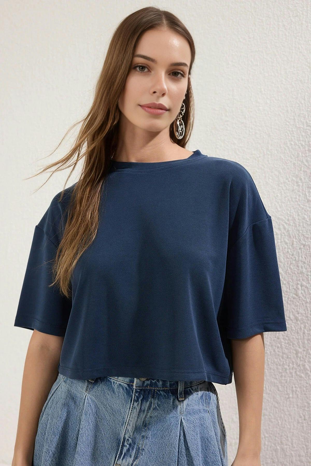 Wovcor Relaxed Fit Crew Neck Short Sleeve Crop Top - Navy - Xs