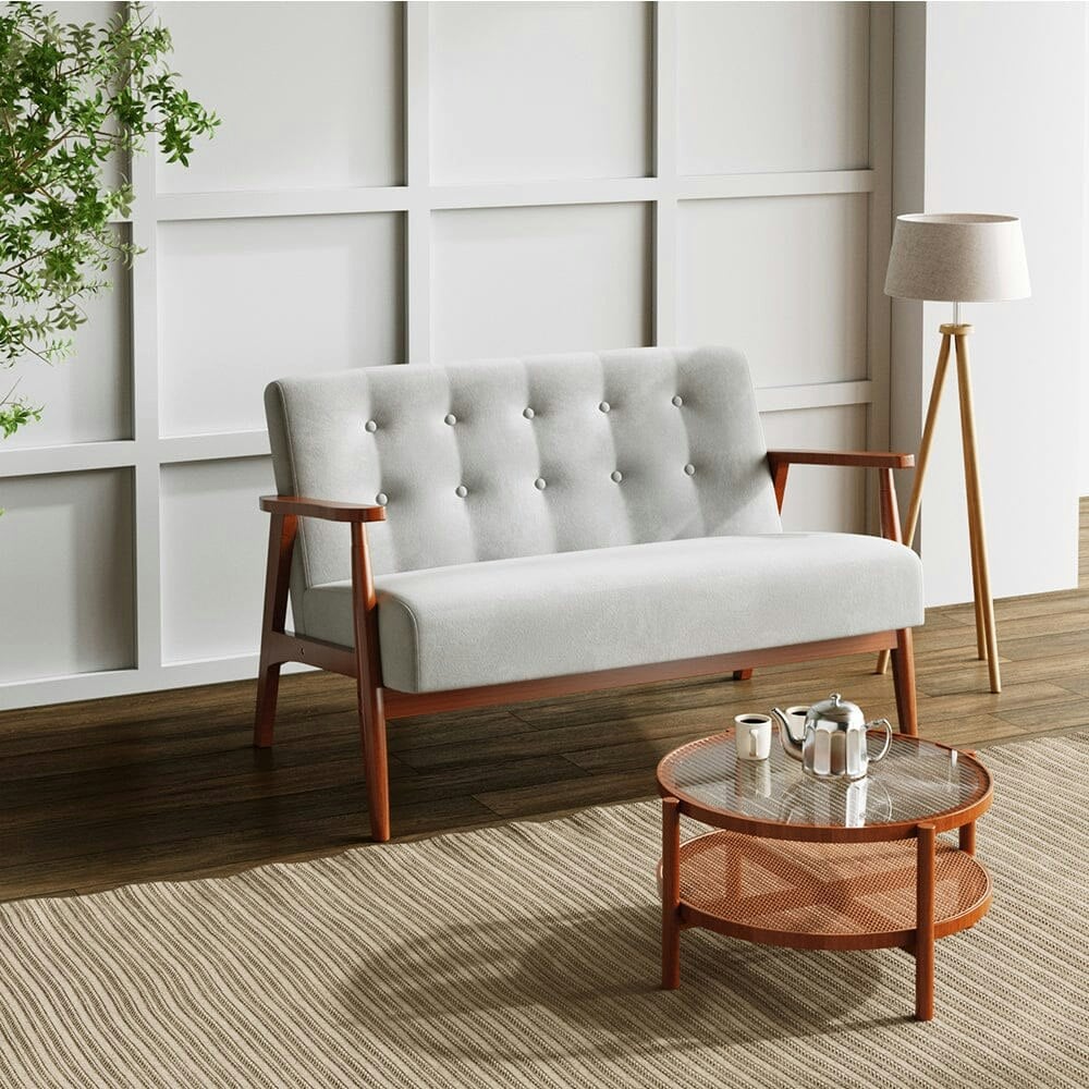 Rackhams Grey 2-Seater Loveseat Sofa Linen Padded Rubber Wood In