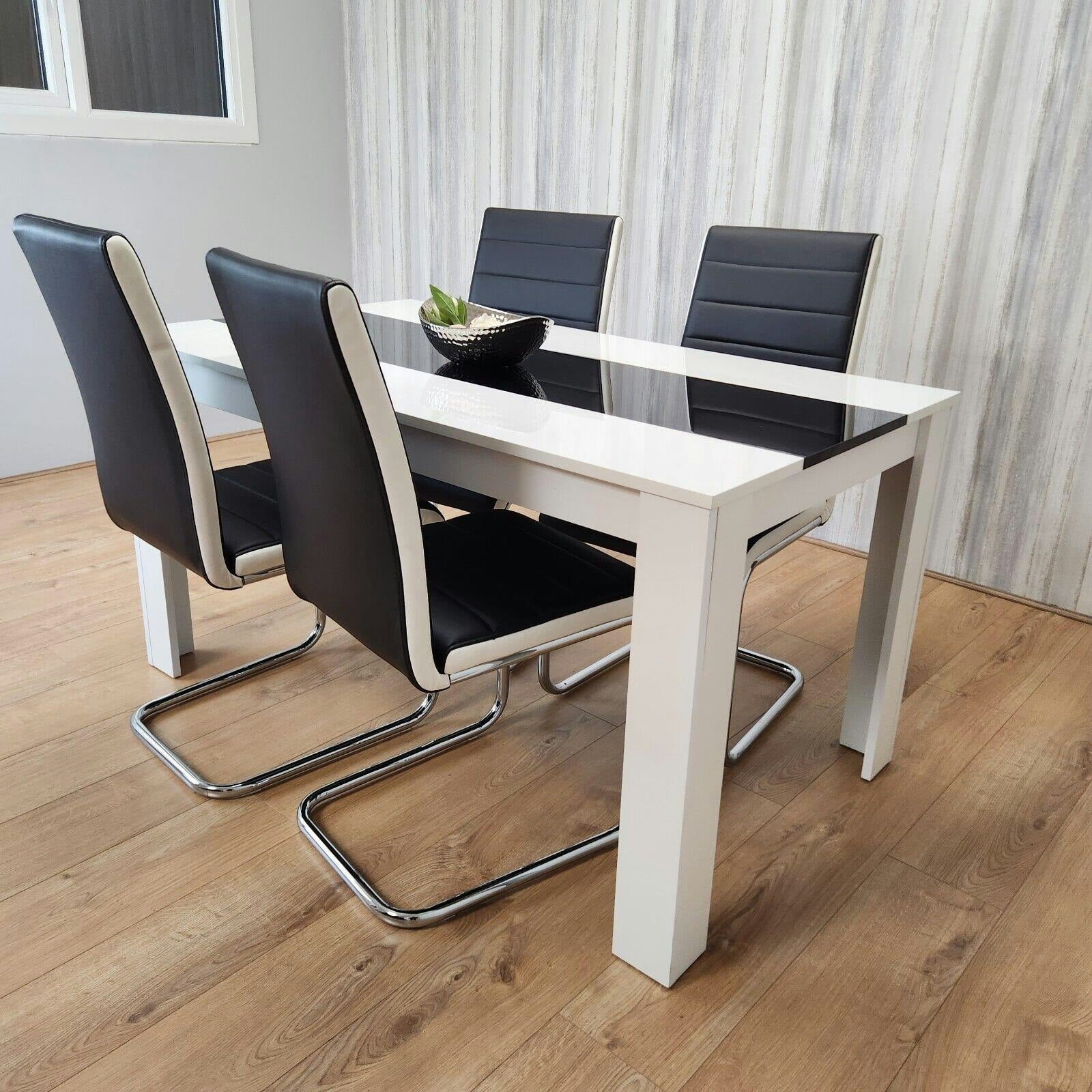 Portland 4 Seater Dining Set - White and Black - Leather and Wood - Image 3