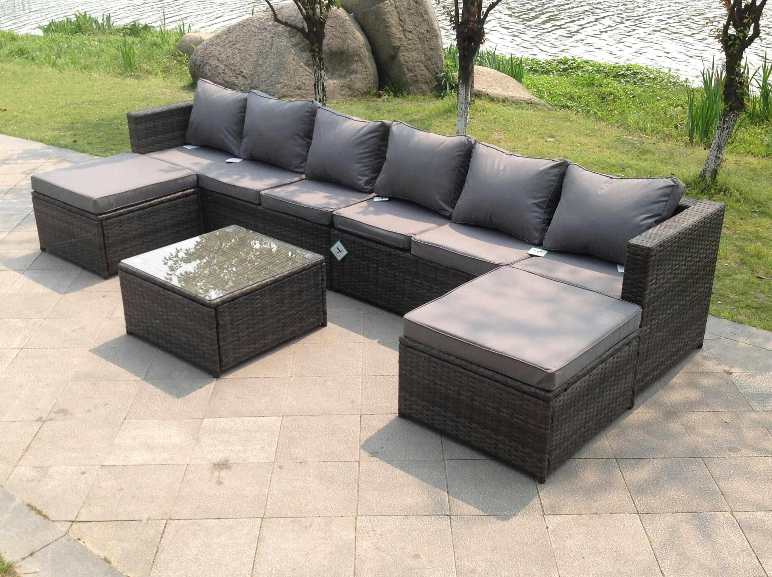 Rackhams Dark/Grey Seater Lounge Wicker Rattan Sofa Set Footstool Table Outdoor Garden Furniture With 2 Footstools Size 8