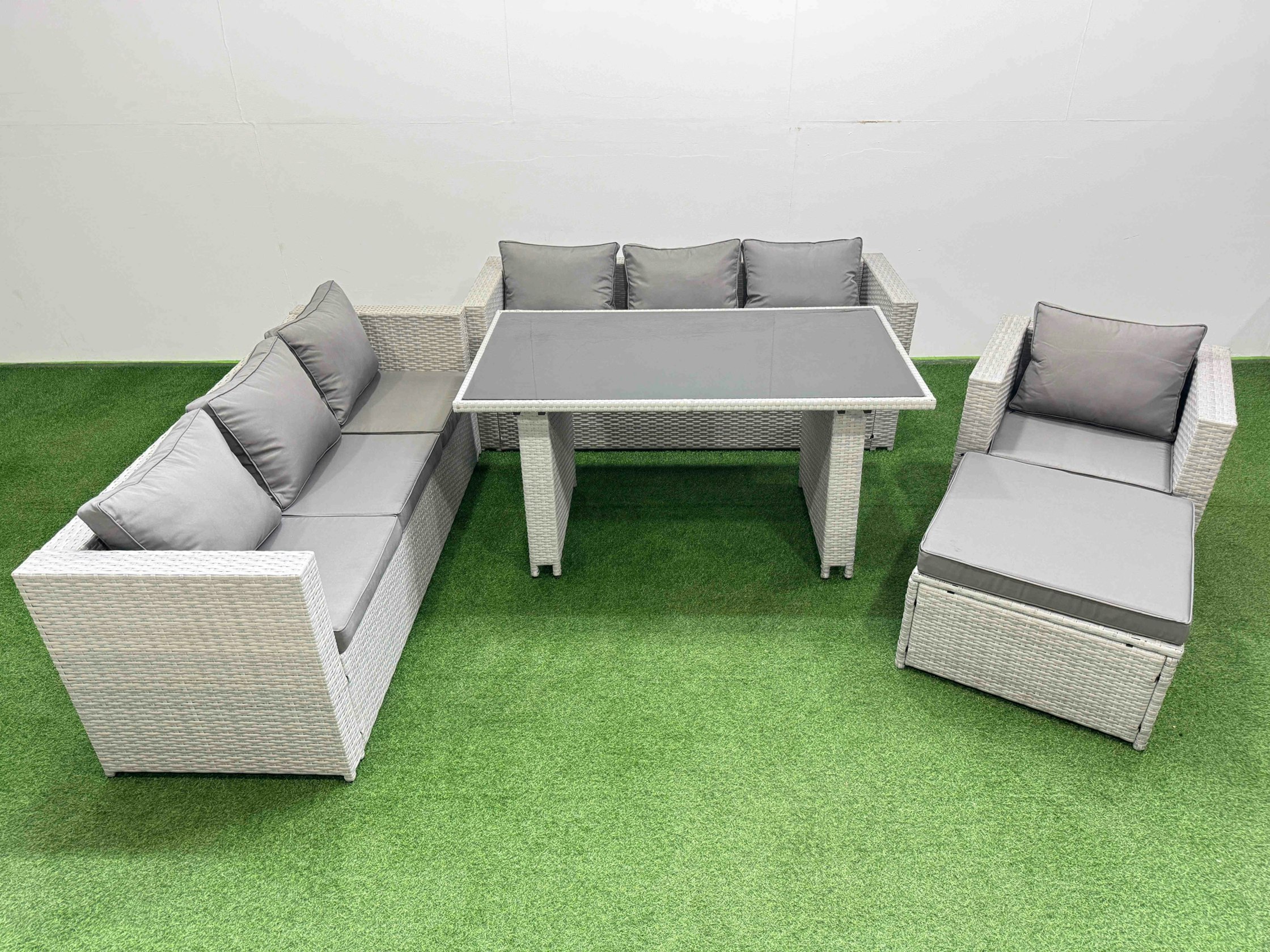 Rackhams Black/Light/Grey Patio Garden Furniture Sets With Glass Top Dining Table 3 Seater Sofa Armchair Big Stool
