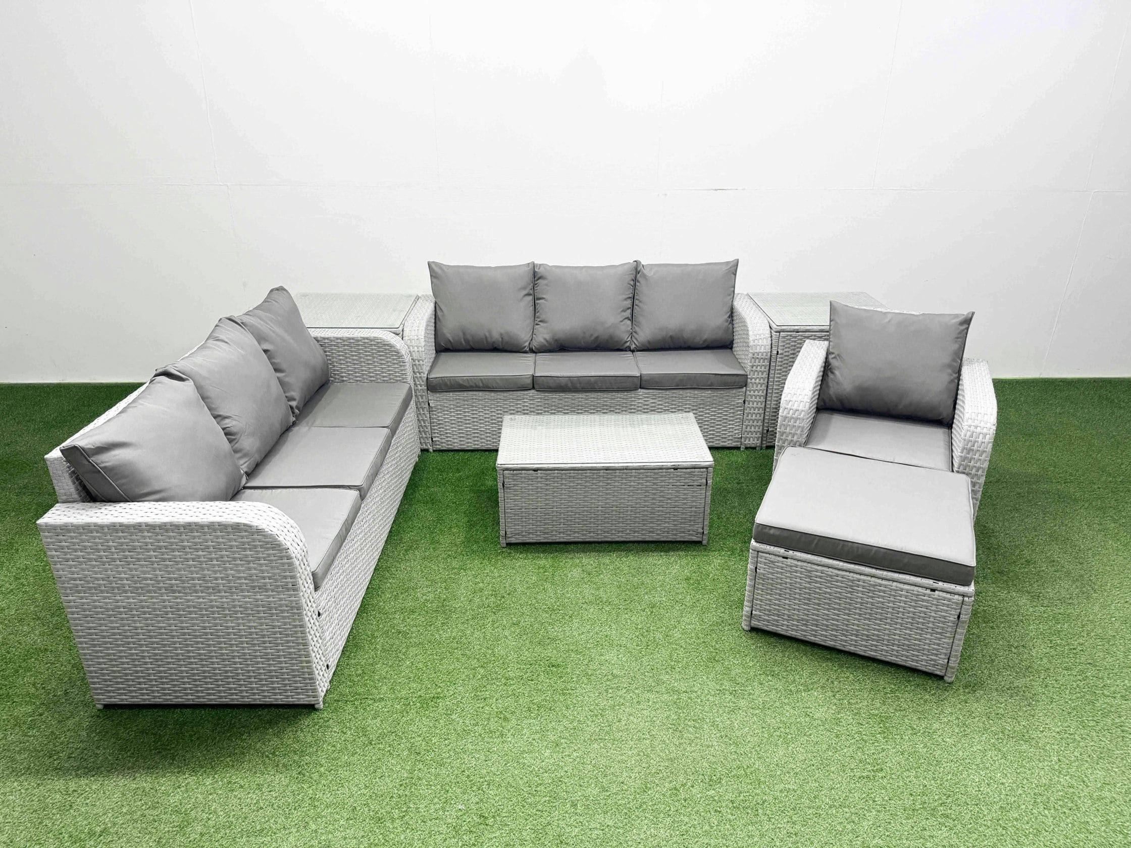 Fimous Light/Grey 8 Seater Poly Rattan Outdoor Garden Furniture Sofa Set Patio 3 Seater Sofa Reclining Chair 3 Seater Sofa Big Footstool 2 Side Table
