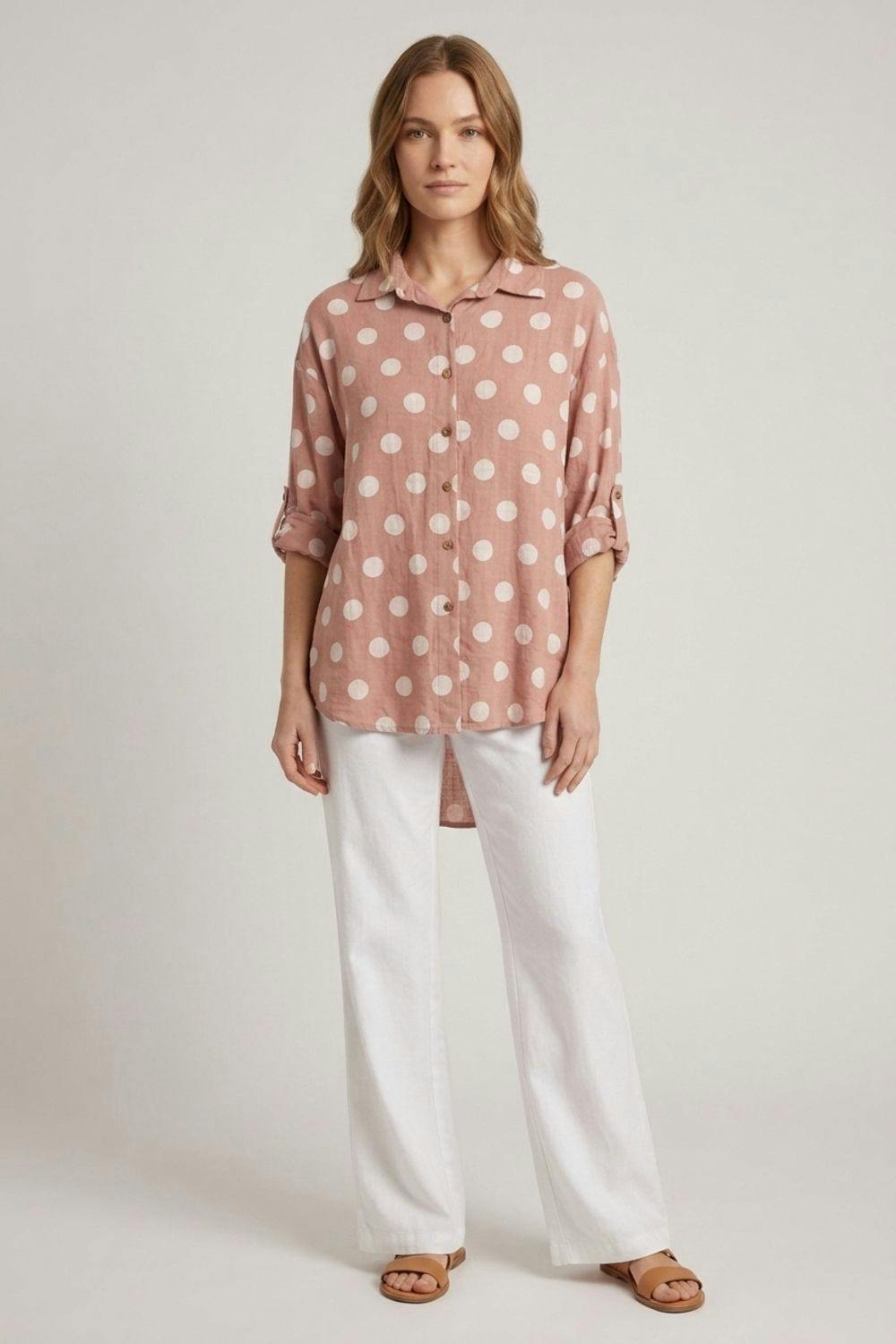 Izabel London Pink Polka Dot Print 3/4 Sleeve Relaxed Shirt - 10