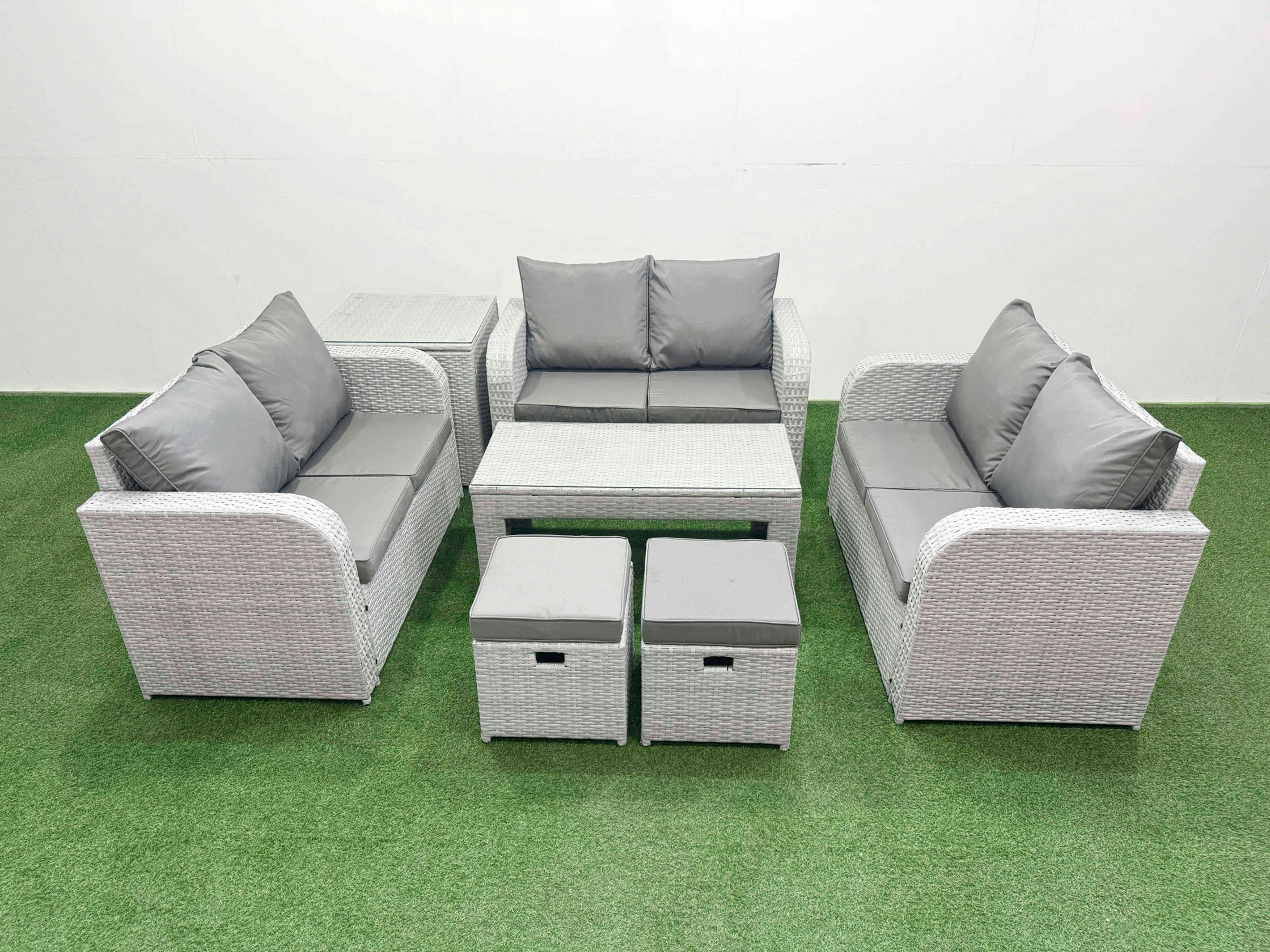 Fimous Light/Grey 8 Seater Pe Wicker Rattan Furniture Sofa Sets With Oblong Coffee Table 2 Seater Love Sofa 2 Stool Side Table