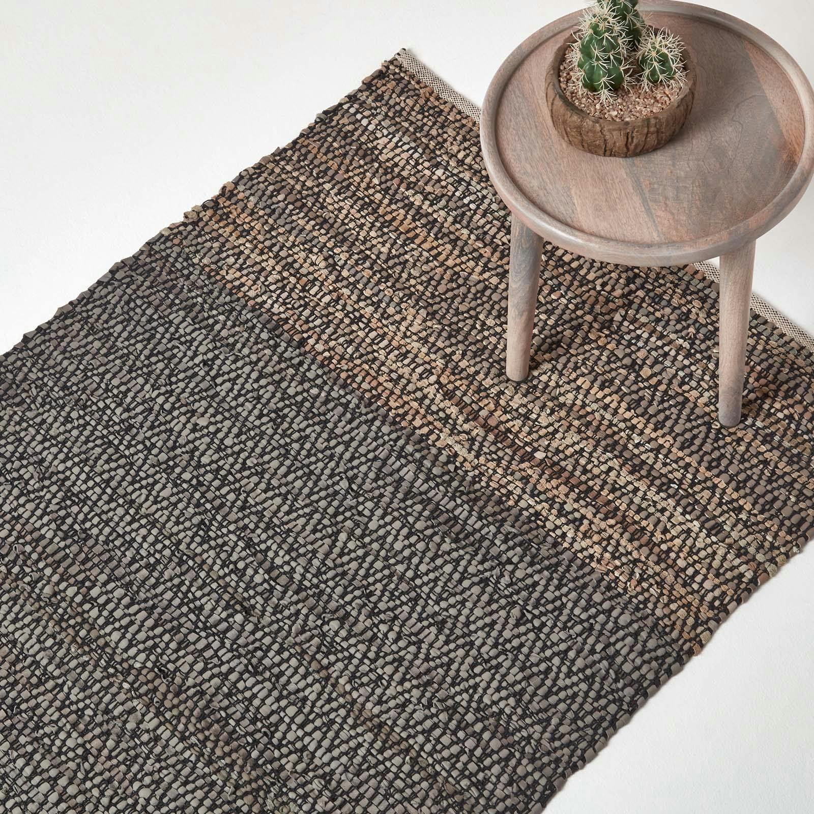 Homescapes Grey Recycled Leather Handwoven Herringbone Rug - 90 X 150 Cm