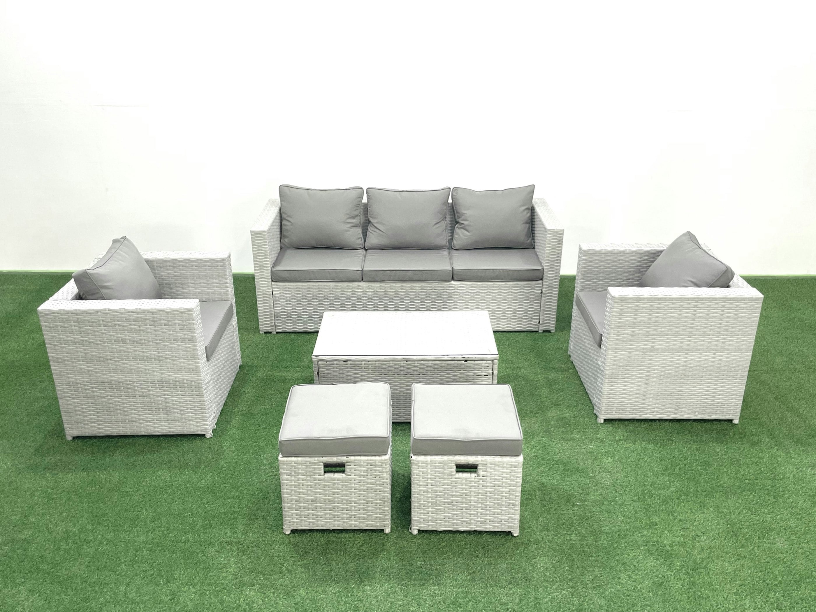 Rackhams Light/Grey Rattan Garden Furniture Set With 3 Seater Sofa 2 Chair Rectangular Coffee Table 2 Small Footstools Mixed 7 Seater