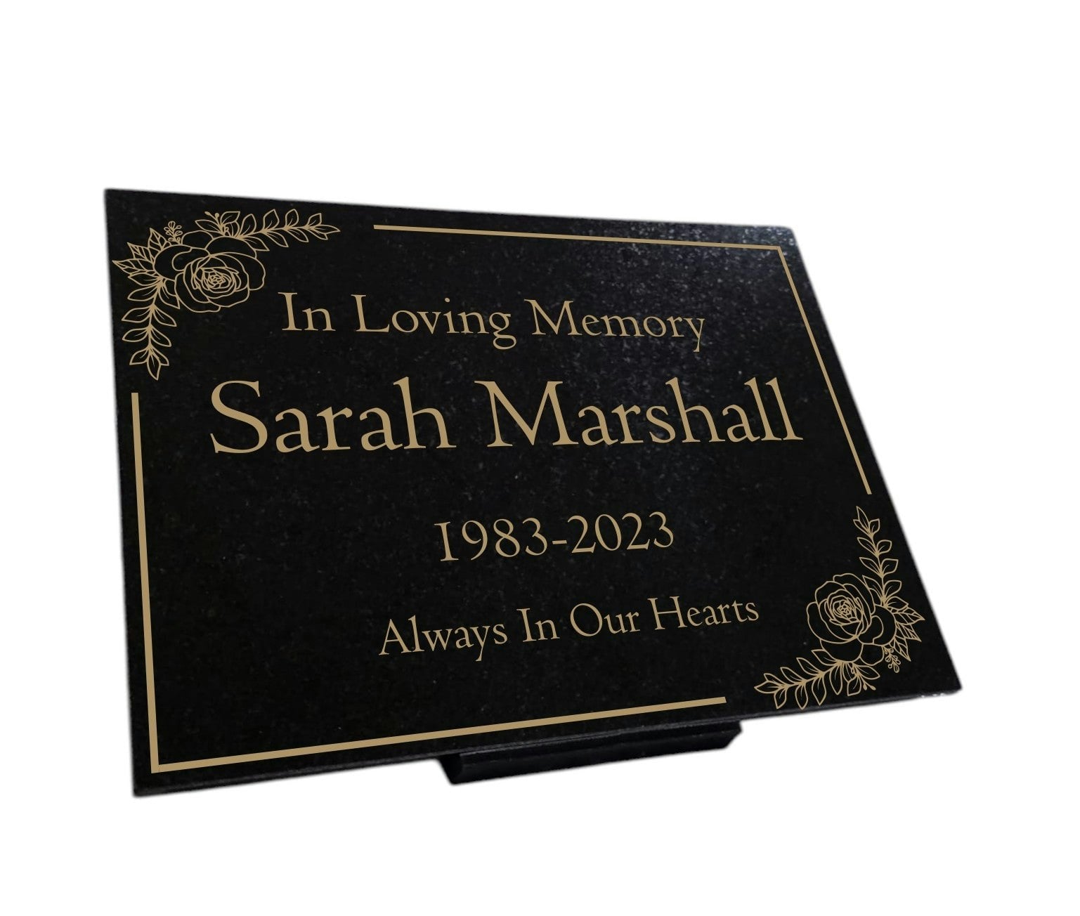 Memorials Direct Gold Granite Memorial Plaque, Floral Border, Stand Included - Standard (29X21x1cm)