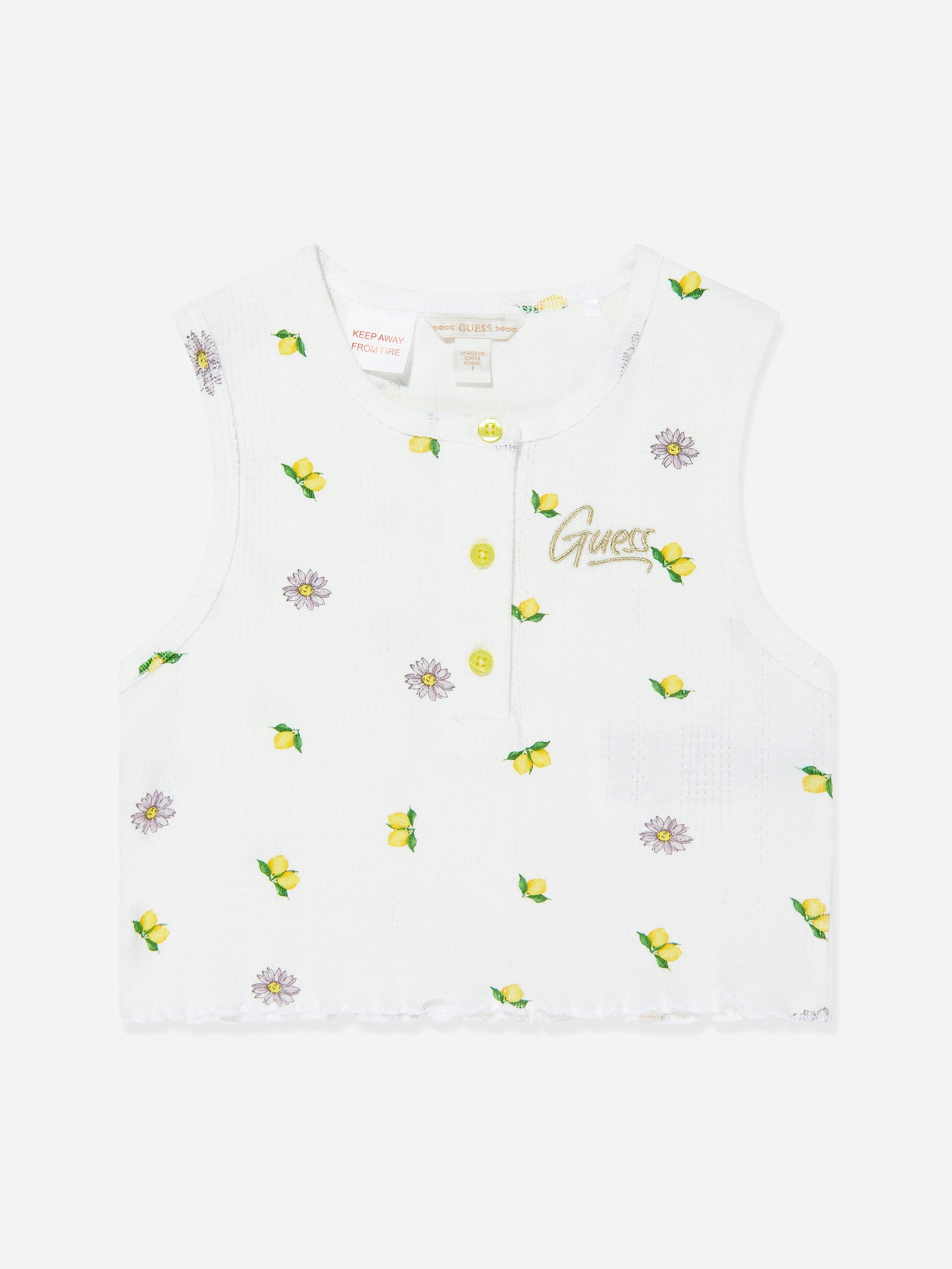 Guess Girls White Sleeveless Ribbed Lemons T-Shirt In - 16 Yrs