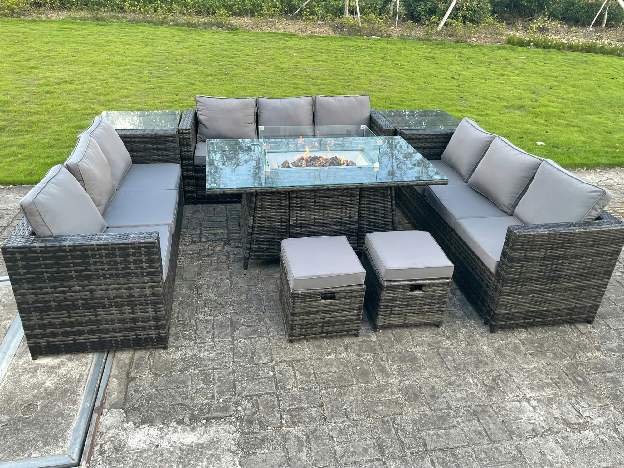 Fimous Dark/Grey Rattan Outdoor Garden Furniture Set With Gas Fire Pit Table, 3 Sofas, 2 Side Tables, 2 Footstools - 11 Seater