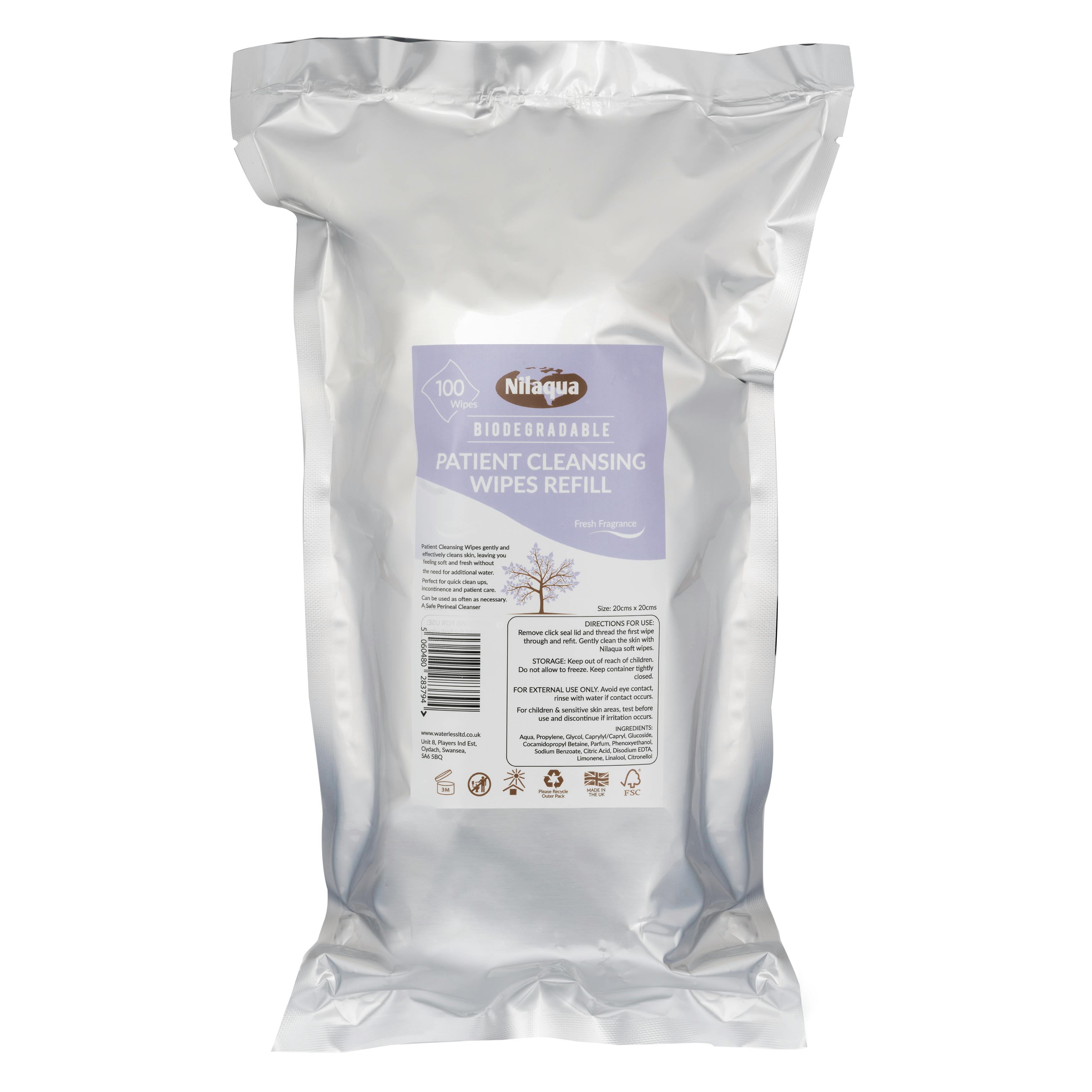 Nilaqua Biodegradable Patient Cleansing Wipes Refill– 100Pk