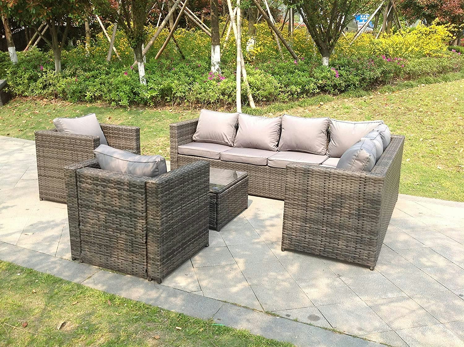 Fimous Grey 8 Seater Rattan Corner Sofa Set Coffee Table 2 Armchairs Garden Furniture Outdoor