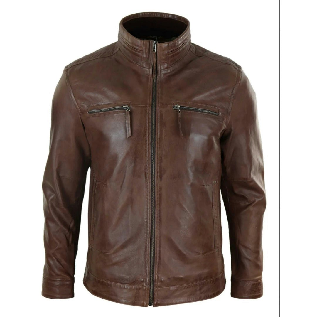 Infinity Leather Men's Brown Leather Company Leather Jacket Zipped Biker High Collar - 5XL