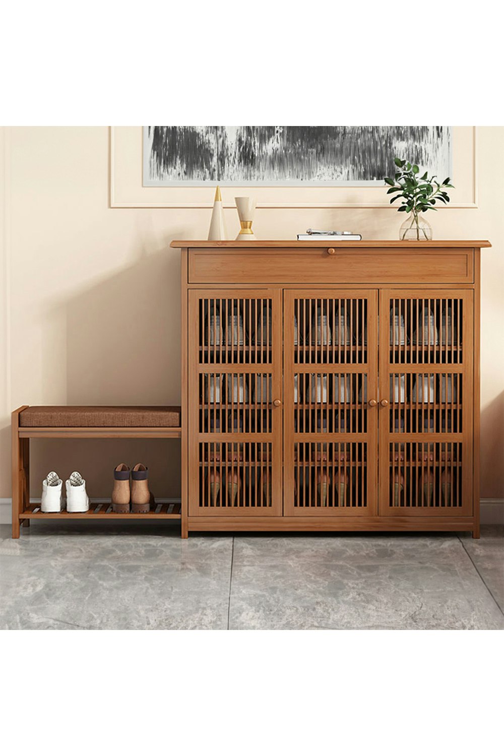 Rackhams Brown Bamboo Entryway Storage Shoe Cabinet With Bench