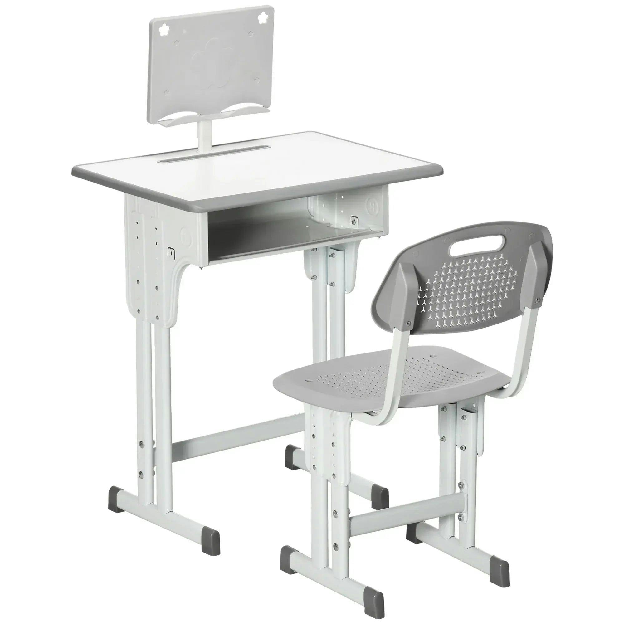 HOMCOM Kids Desk and Chair Set - Grey - Adjustable Height - Storage Drawer - Book Stand - Image 6