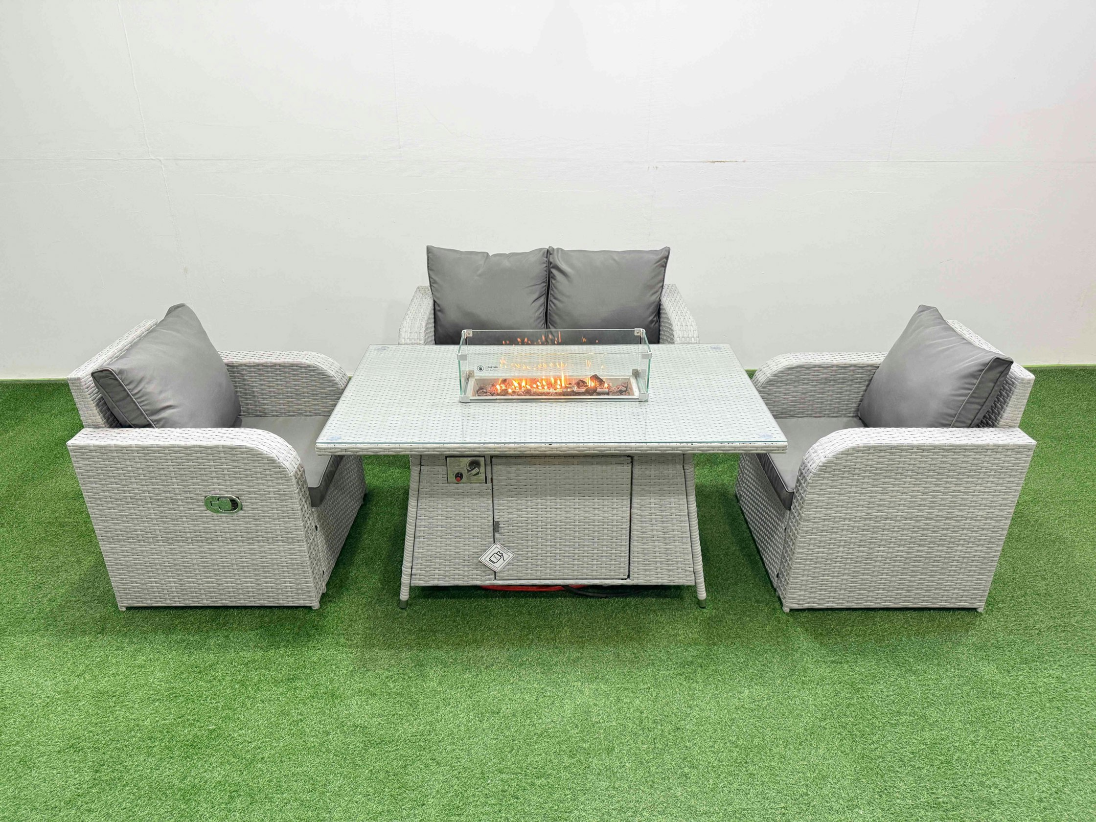 Rackhams Light/Grey Pe Wicker Rattan Garden Furniture Set Sofa Set Reclining Chair Fire Pit Dining Table 4 Seater