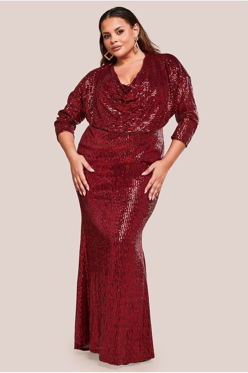Goddiva Plus Women's Light/Black Sequin Cowl Maxi Dress - Wine By - Wine - 26