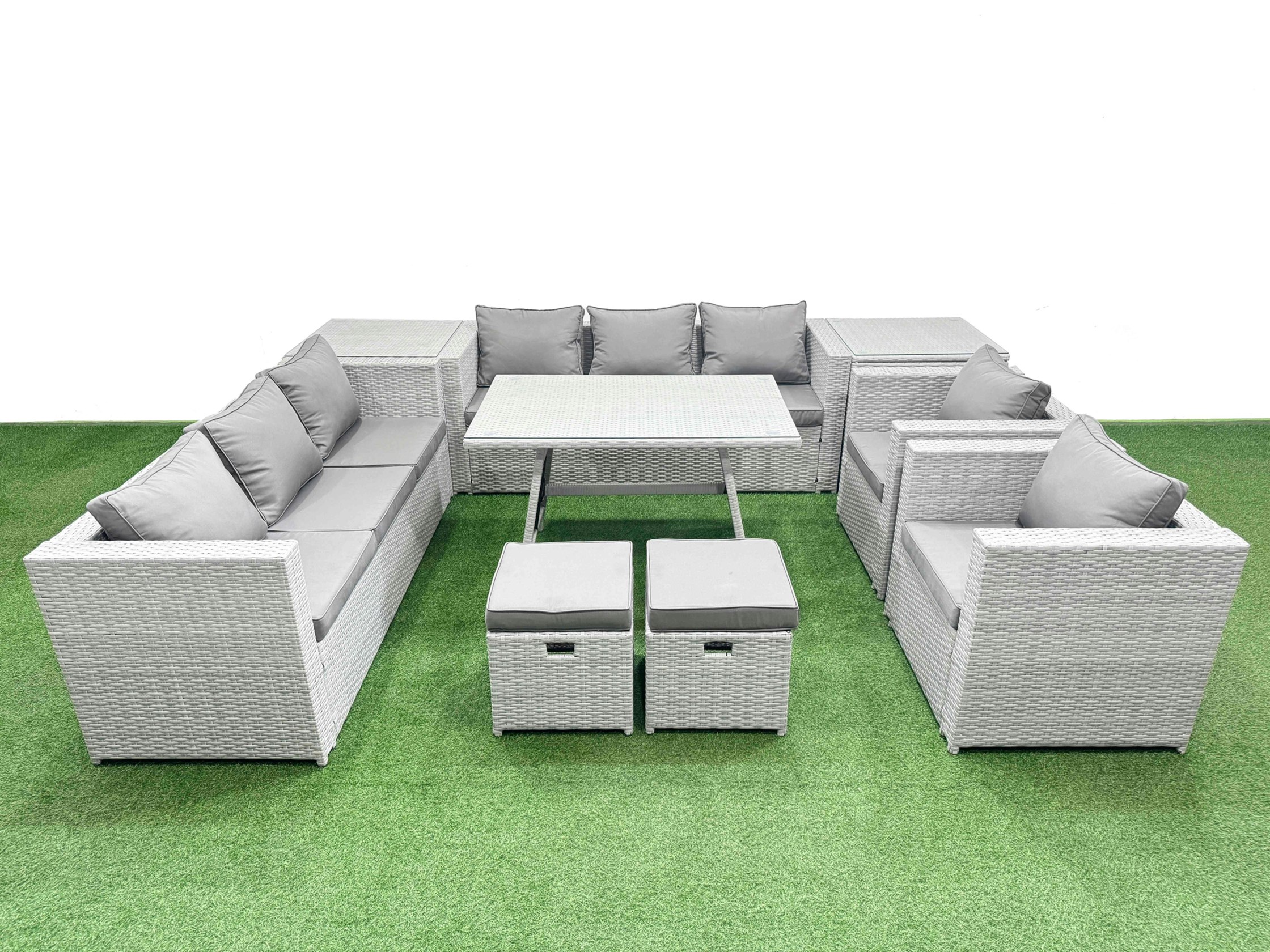 Fimous Light/Grey 10 Seater Garden Furniture Set Pe Rattan Garden Sofa Set With Rectangular Dining Table 2 Small Stools 2 Side Tables