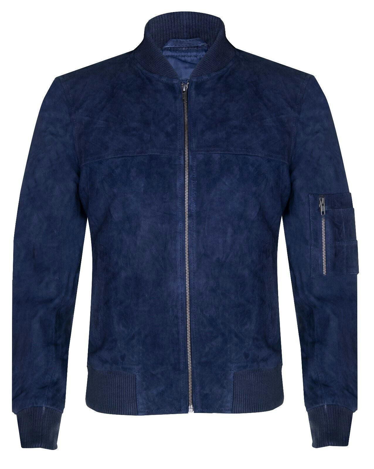 Infinity Leather Men's Suede Leather Ma-1 Varsity Bomber Jacket - Uk Xl | Eu 52 | Us 42 - Navy