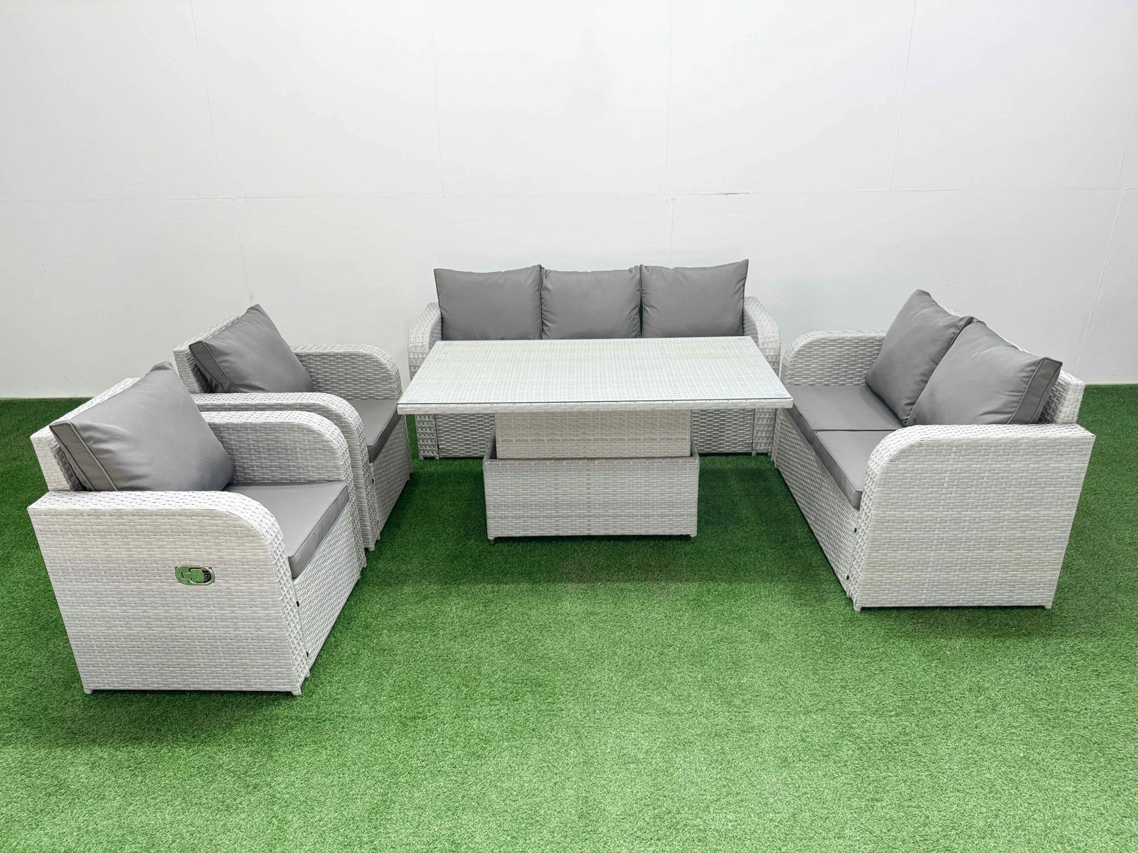Rackhams Light/Grey Pe Rattan Outdoor Lounge Set - Reclining Chair, Double Loveseat & Adjustable Lifting Dining/Coffee Table