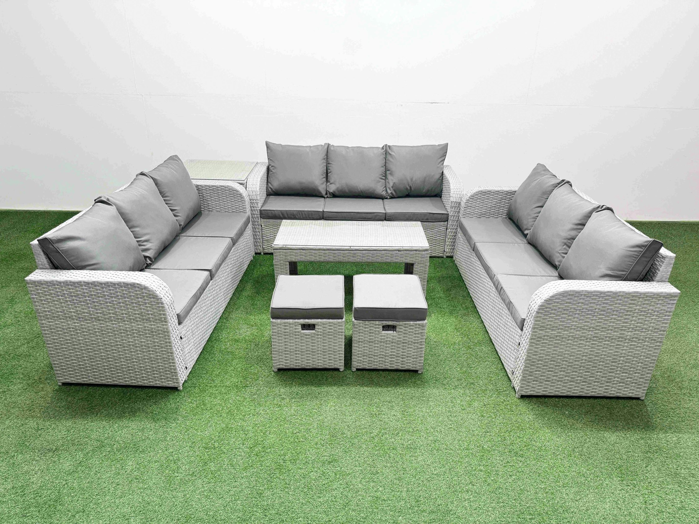 Rackhams Light/Grey Pe Rattan Lounge Sofa Set Seater Outdoor Garden Furniture Set With Oblong Coffee Table 3 Seater Sofa 2 Stools Side Table Size 11