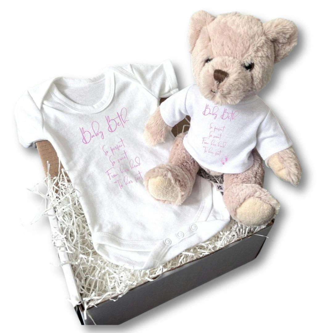 Aye Do Gifts Women's White Girl's Personalised So Perfect So Sweet Baby Gift Hamper - Teddy & Baby Vest In | Size: 6-12 M - Image 2