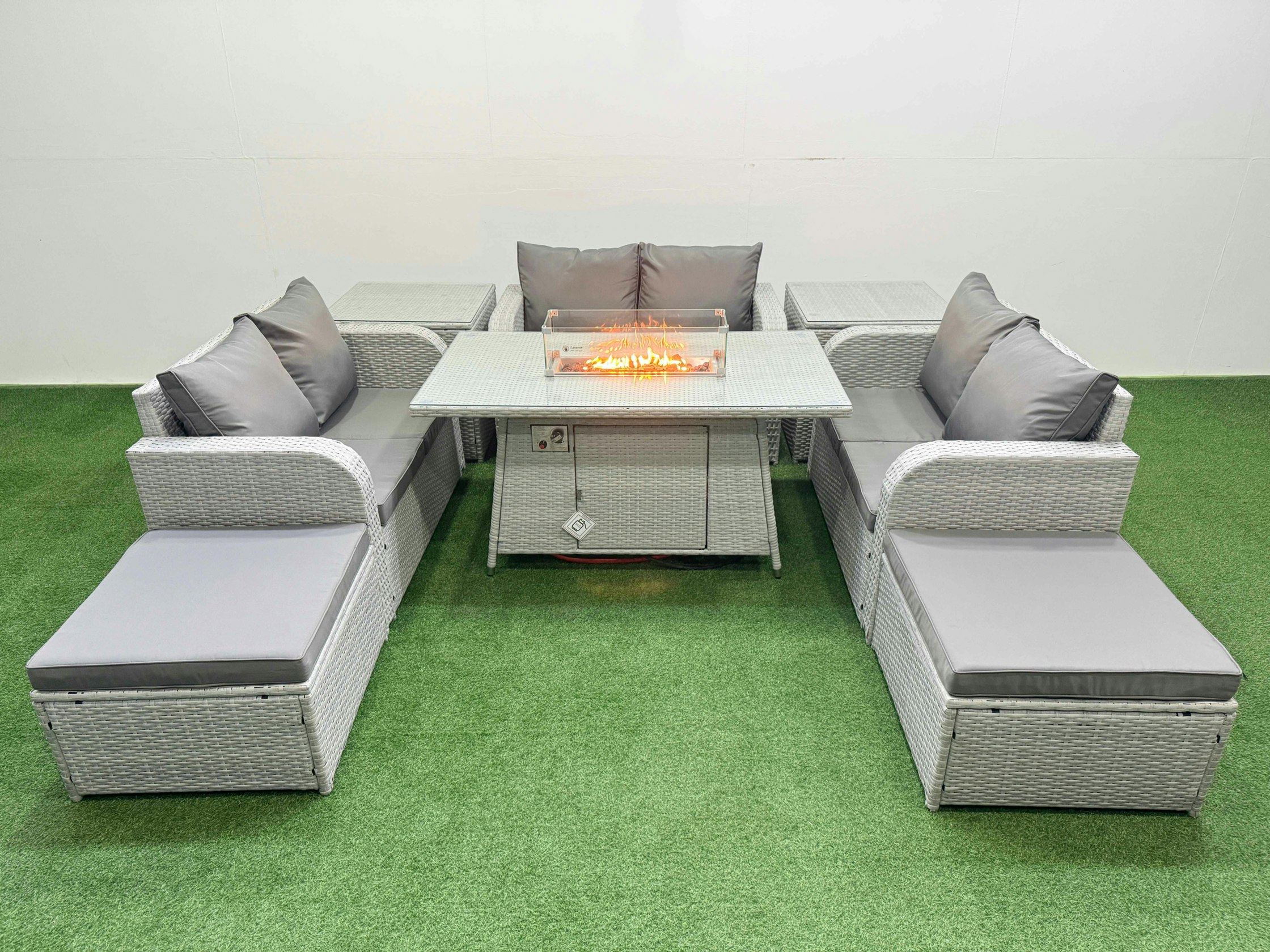 Rackhams Light/Grey 8 Seater Pe Wicker Rattan Furniture Sofa Sets With Fire Pit Dining Table 2 Seater Love Sofa 2 Big Footstool 2 Side Table