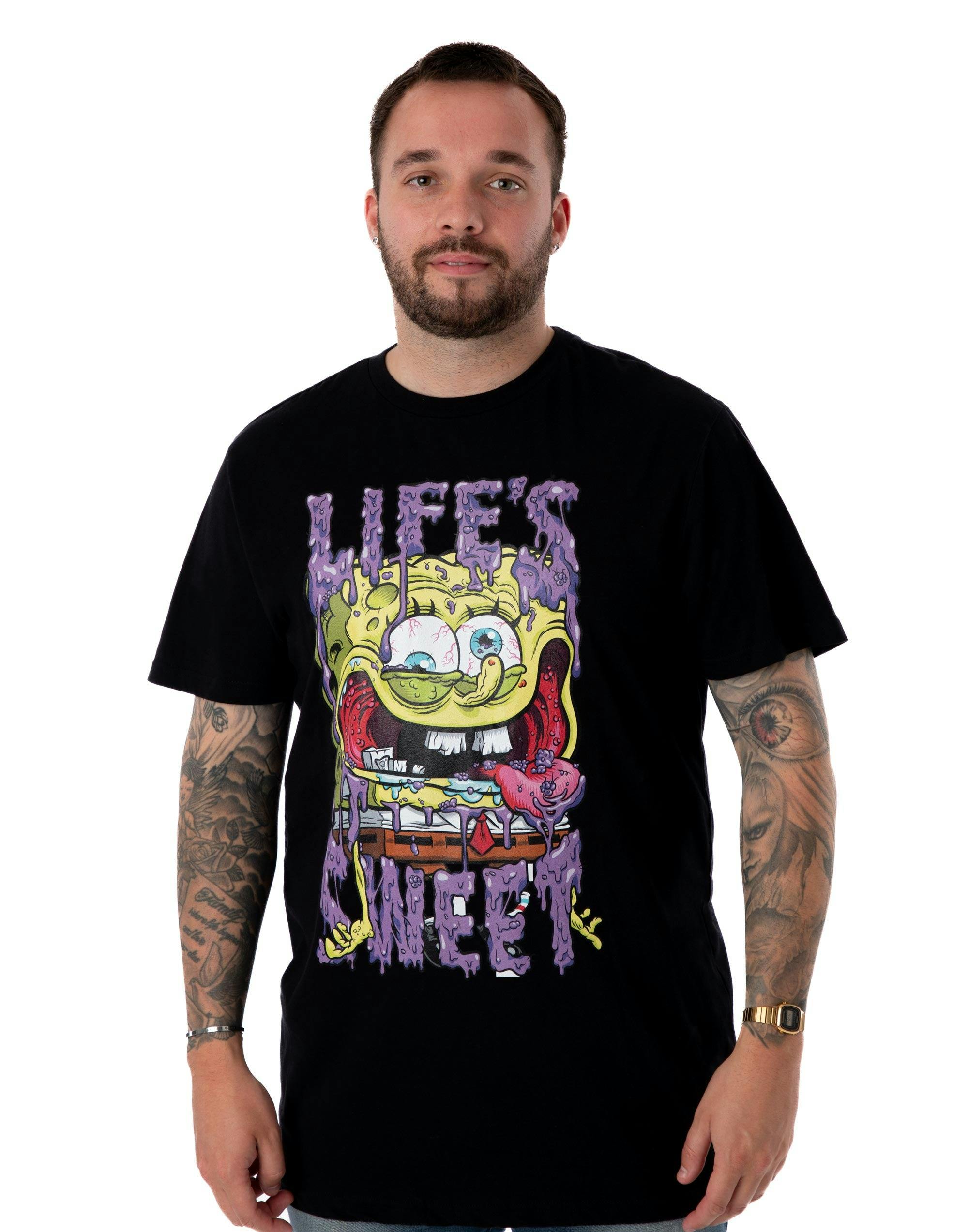 Vanilla Underground Men's Black Spongebob Squarepants Life's Sweet Short Sleeved T-Shirt - X-Large