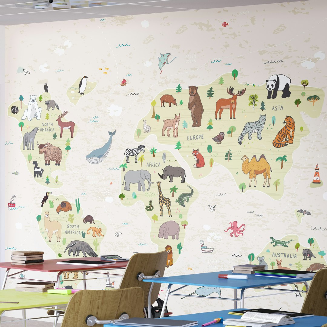 Origin Murals Children's World Map Wall Mural - Natural - Large - W350cm X H280cm