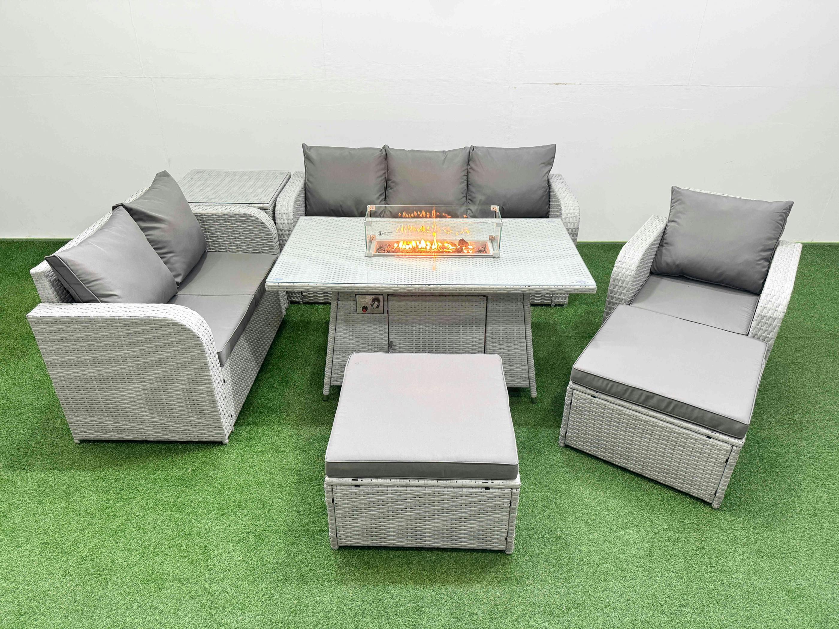 Fimous Light/Grey 8 Seater Pe Rattan Garden Furniture Set, Firepit Table, Reclining Chair, Loveseat, 3 Seater Sofa, 2 Big Footstools, Side Table,