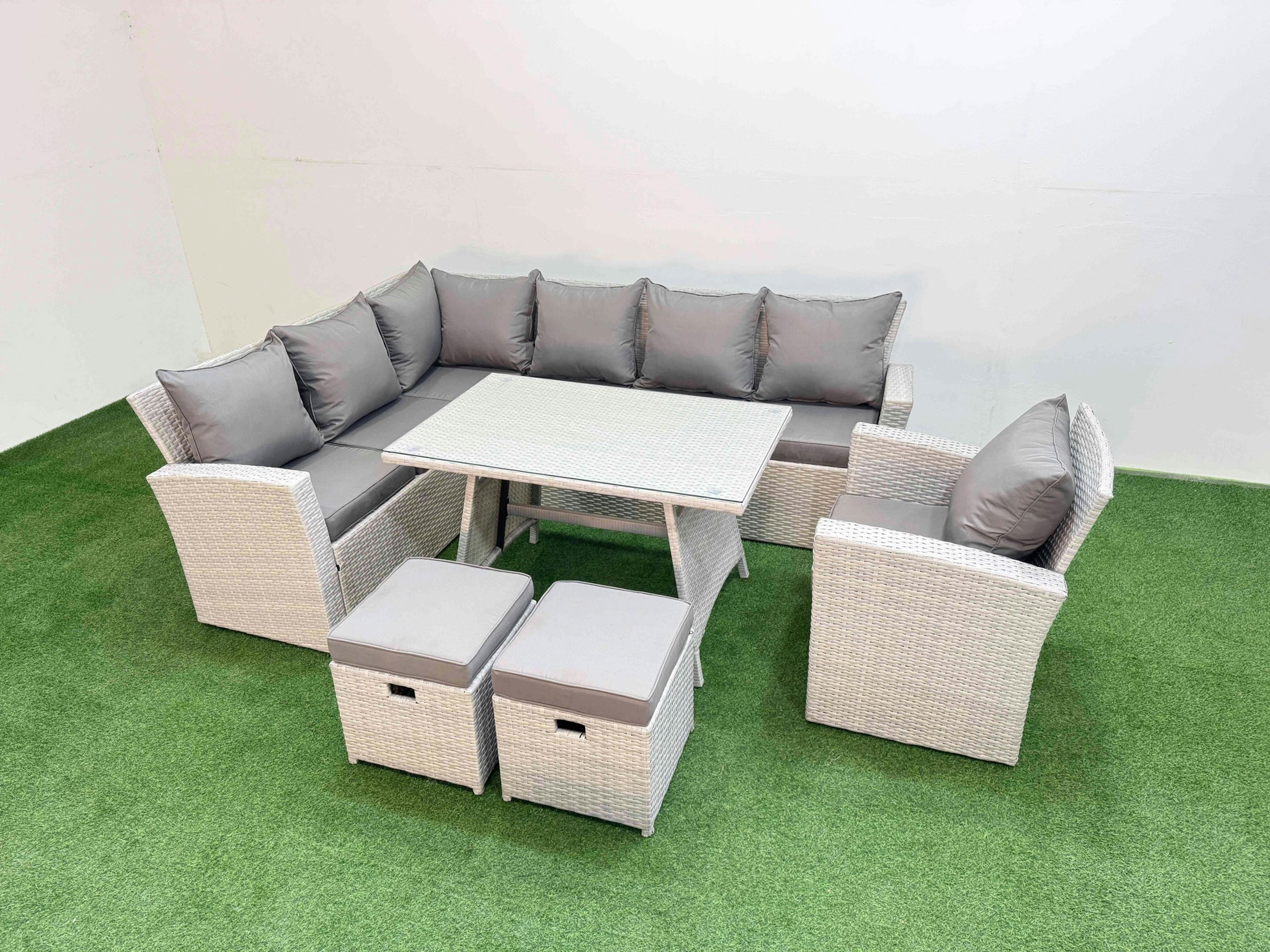 Fimous Light/Grey Garden Outdoor Rattan Furniture Set Rattan Corner Sofa Oblong Dining Table With Armchair Mixed 9 Seater