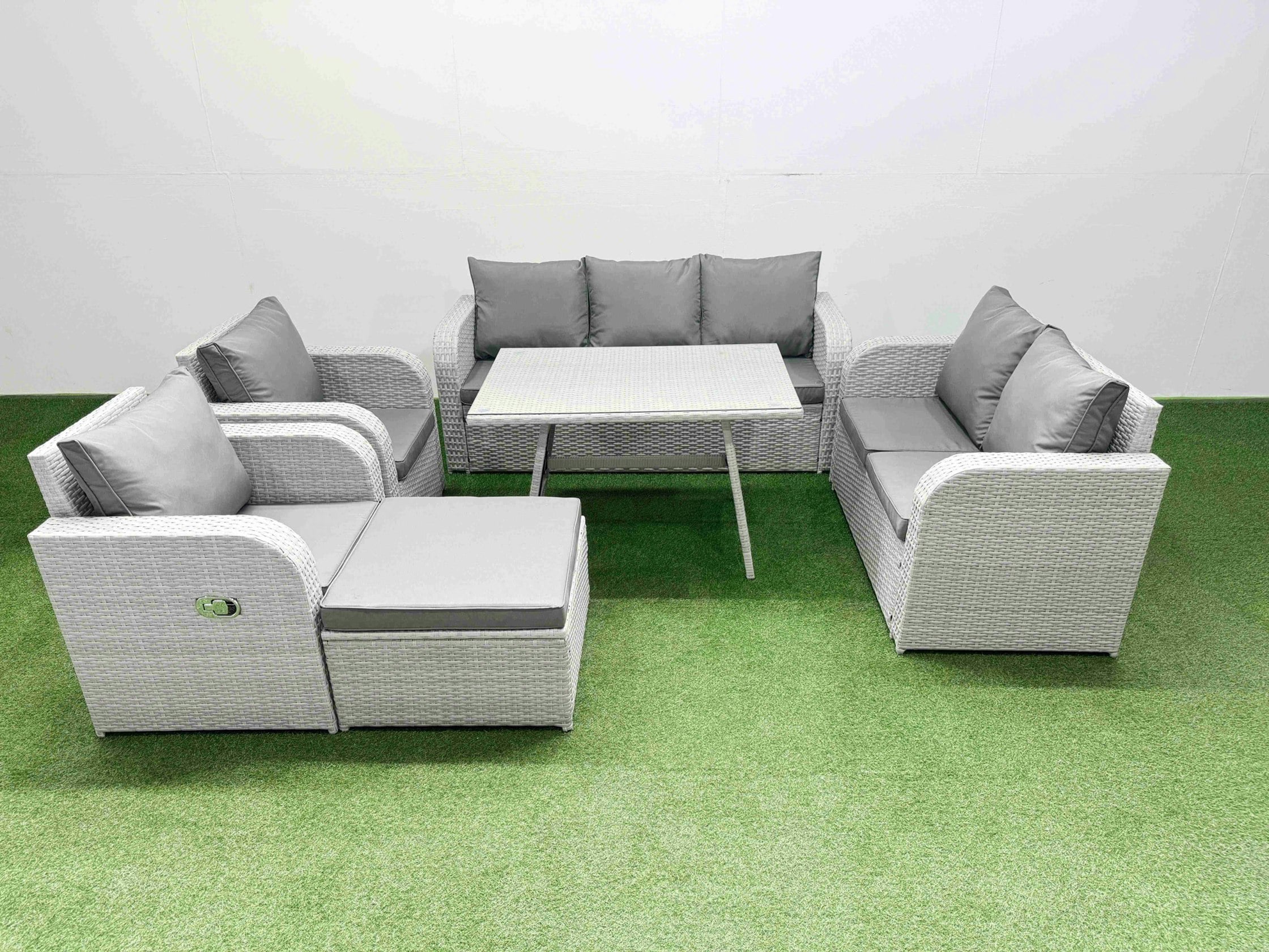 Rackhams Light/Grey Pe Rattan Garden Furniture Set Outdoor Rectangular Dining Table Sofa Set With Reclining Chair Big Stool