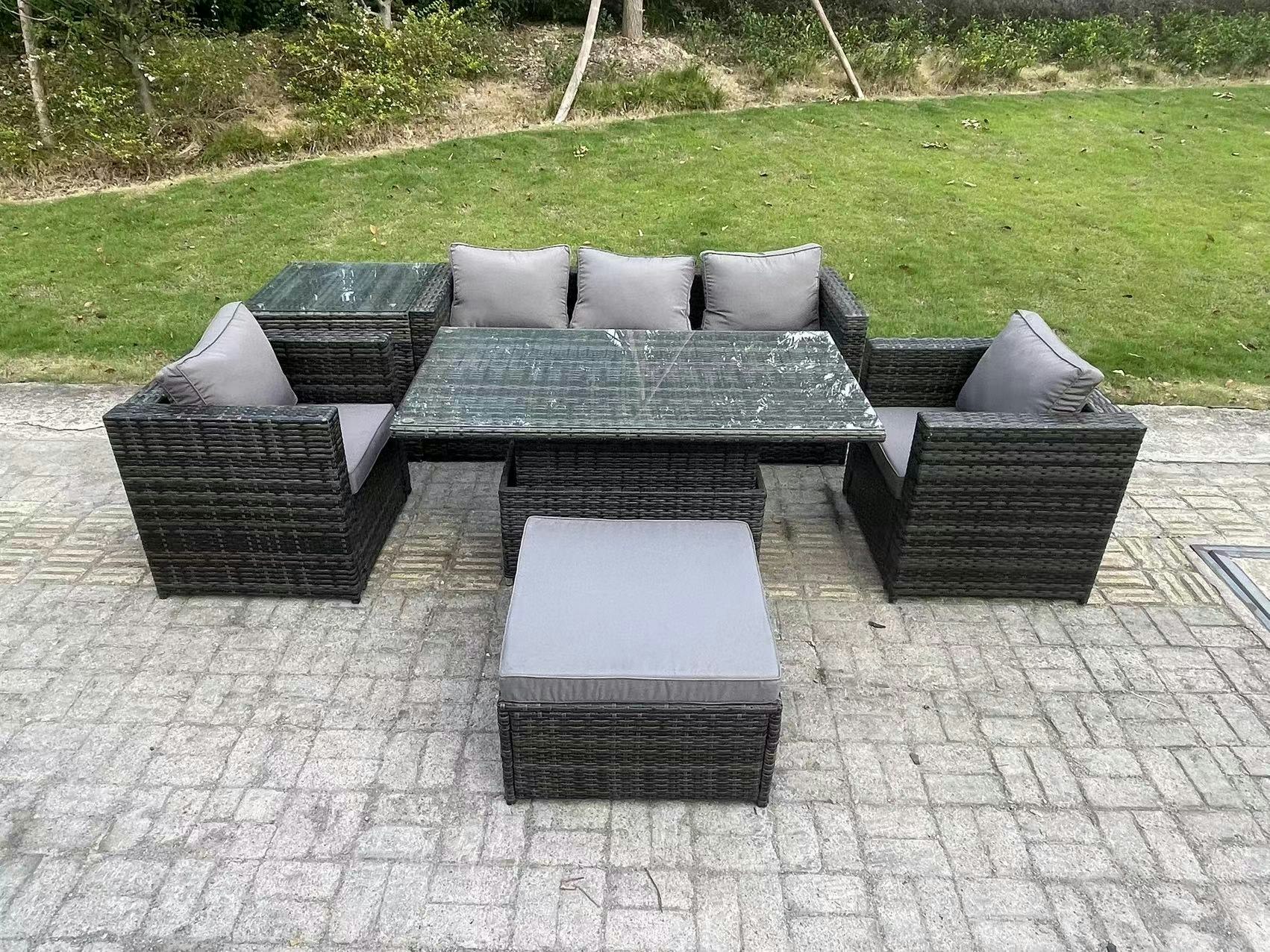 Rackhams Dark/Grey Outdoor Rattan Garden Furniture Sofa Set Adjustable Rising Lifting Dining Table Set With Side Table 2 Armchairs Big Footstool Mixed