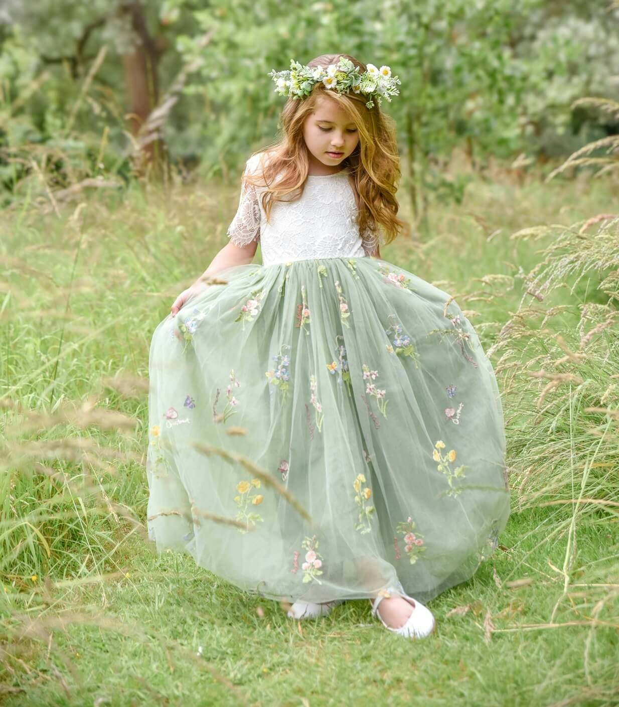 Uk Flower Girl Boutique Girls Green/White Uk Flower Boutique Enchanted Dress - Fern / Lace - 12/24 Months