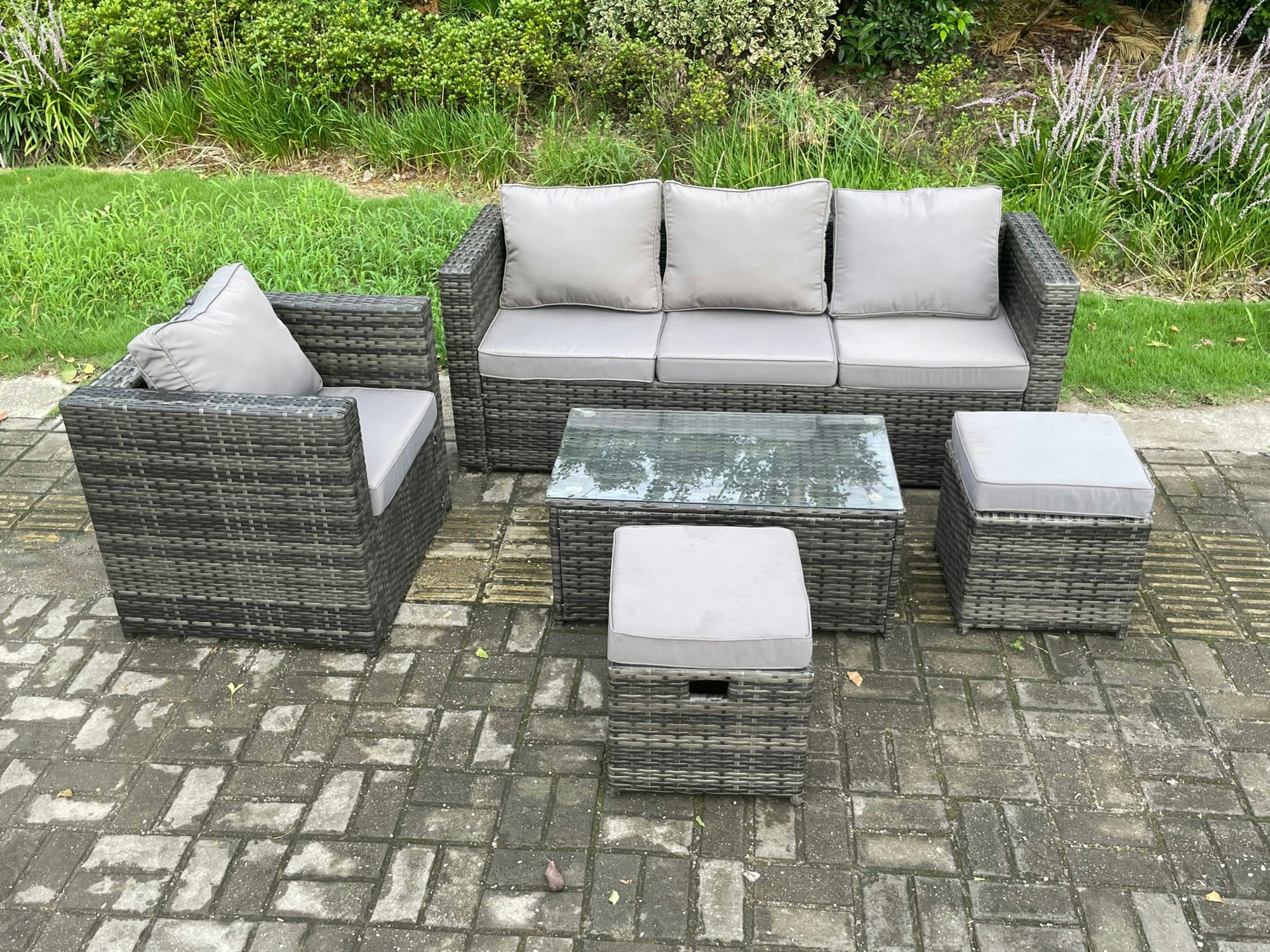 Rackhams Dark/Grey Rattan Garden Furniture Set With 3 Seater Sofa Coffee Table Armchair 2 Small Footstools Indoor Outdoor Patio Lounge Sofa Set Mixed