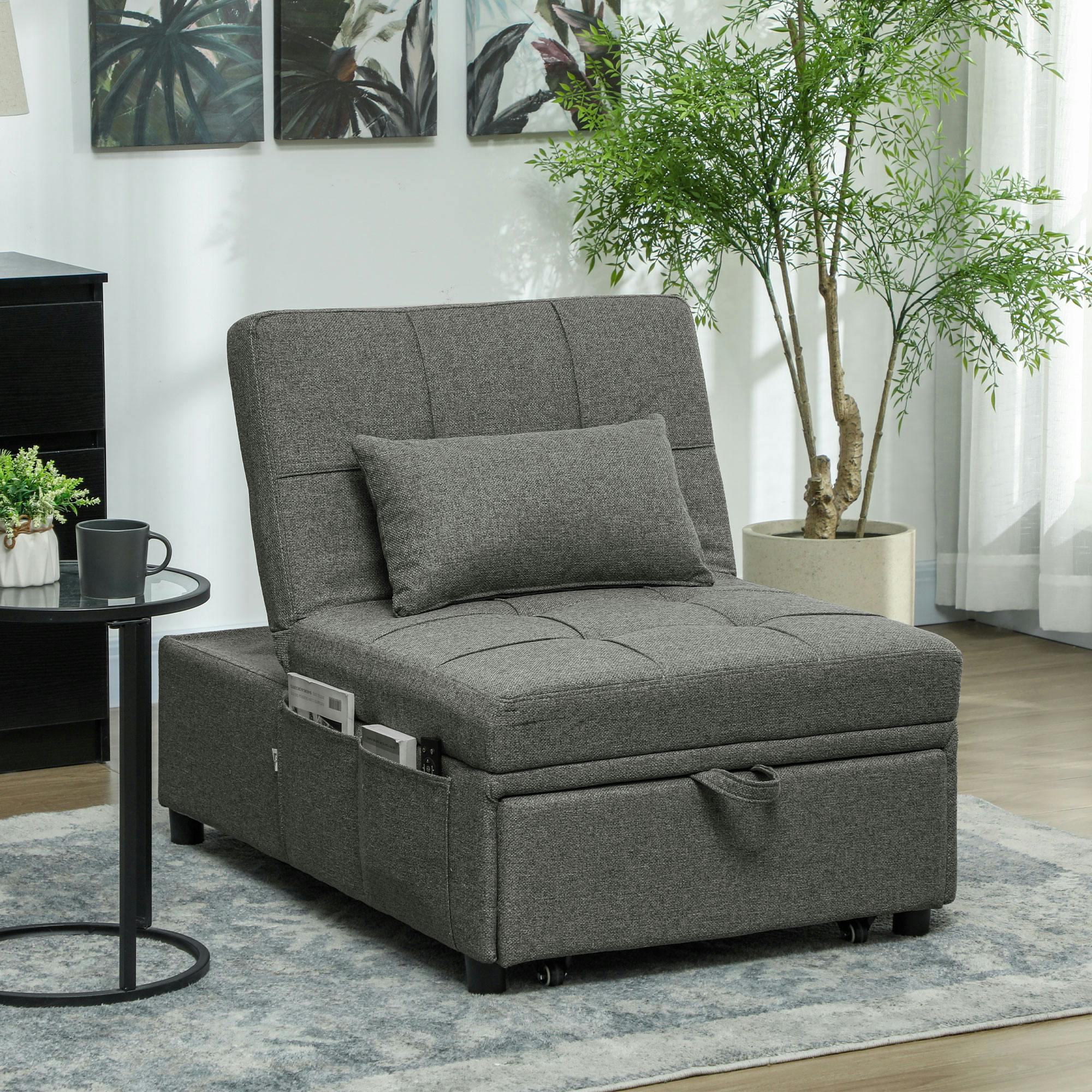 HOMCOM 4-in-1 Sofa Bed Convertible Sleeper Chair Bed Fabric Charcoal Grey | Adjustable Backrest, Pull Out Chaise Lounge with Pockets, Living Room, Bedroom, Home Office, Small Space - Image 3