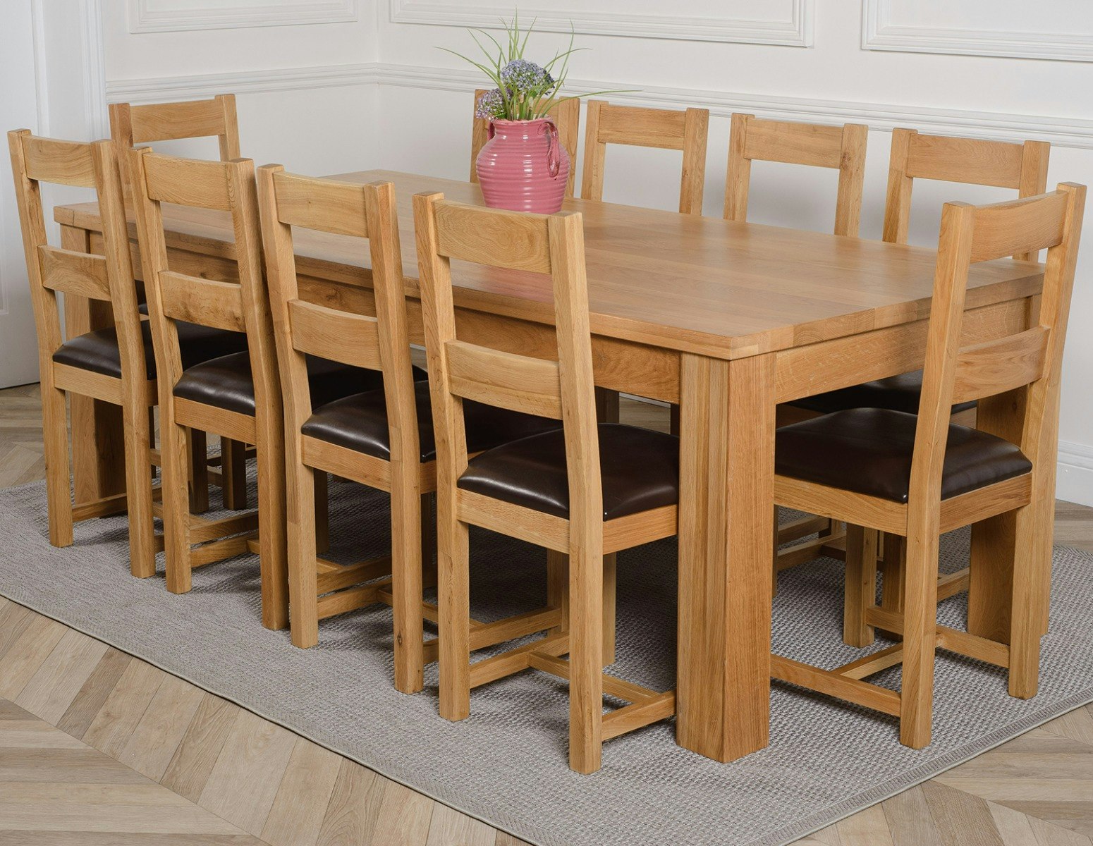 That's Furniture Dakota Extra Large Oak Dining Table With Lincoln Oak Chairs - Natural Oak - 10 Chairs