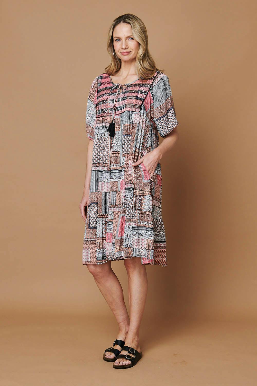 Izabel London Pink Patchwork Tassel Knee Length Smock Dress - 12