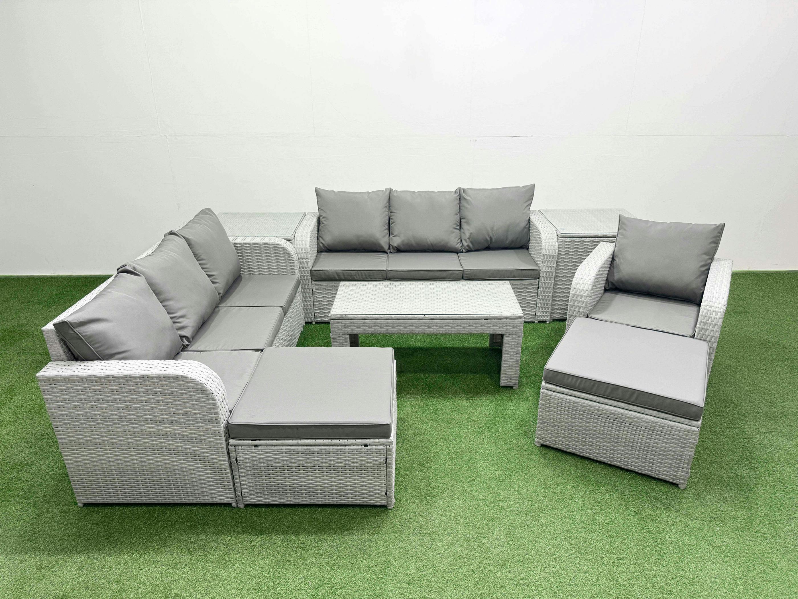 Fimous Light/Grey 9 Seater Outdoor Rattan Set, Garden Sofa, Coffee Table, 2X 3 Seater Sofa, Reclining Chair, 2 Big Footstools And 2 Side Tables,