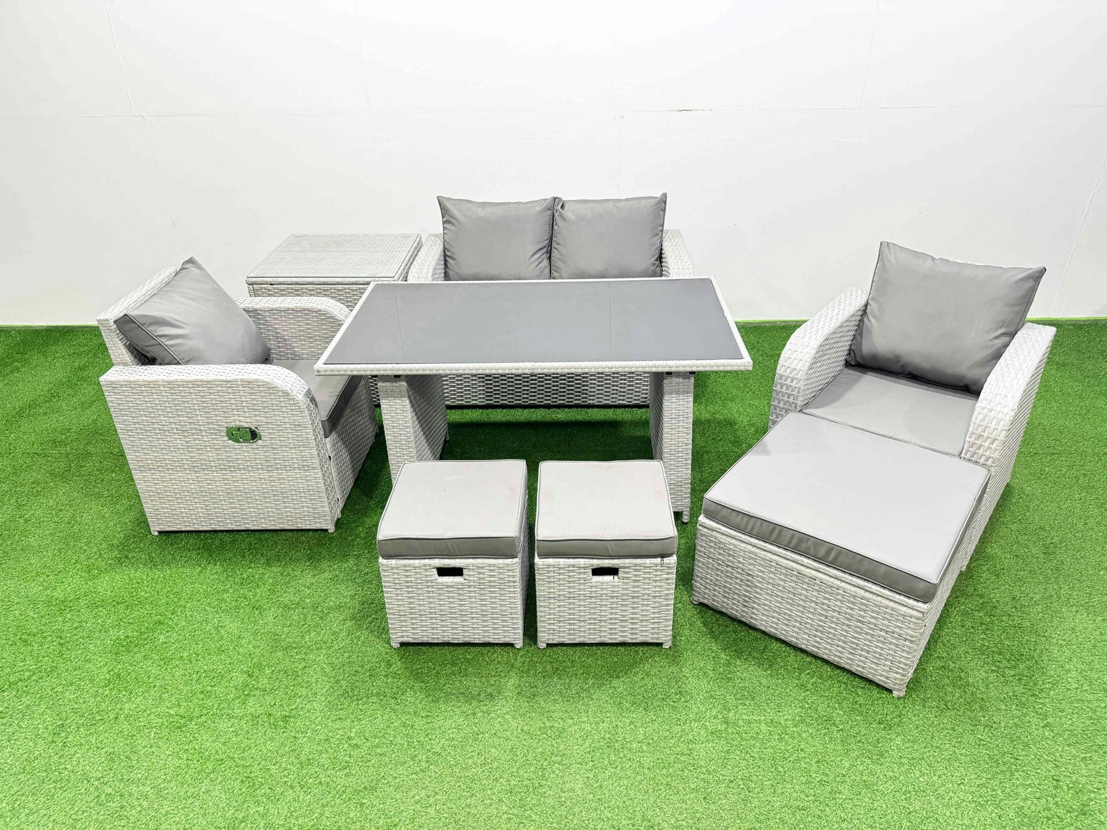 Fimous Outdoor Rattan Garden Furniture Dining Set 7 Seater Patio Rectangular Table Love Sofa Reclining Chair Set With Side Table 3 Stools