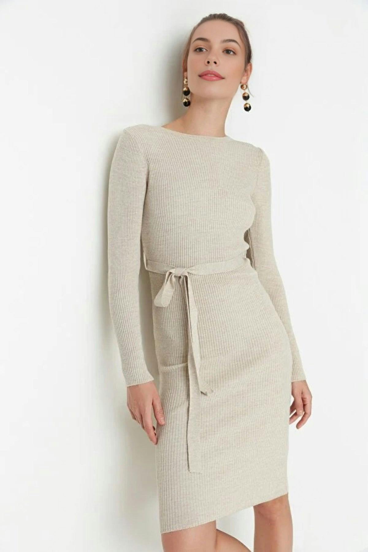 Wovcor Midi Knit Belt Detail Dress - Stone - S