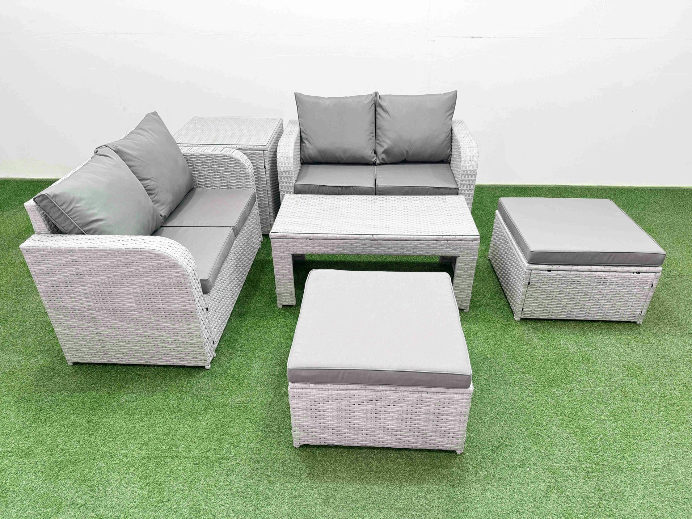 Fimous Light/Grey 6 Seater Outdoor Love Sofa Set Rattan Garden Furniture Set With Oblong Coffee Table 2 Footstool Side Table