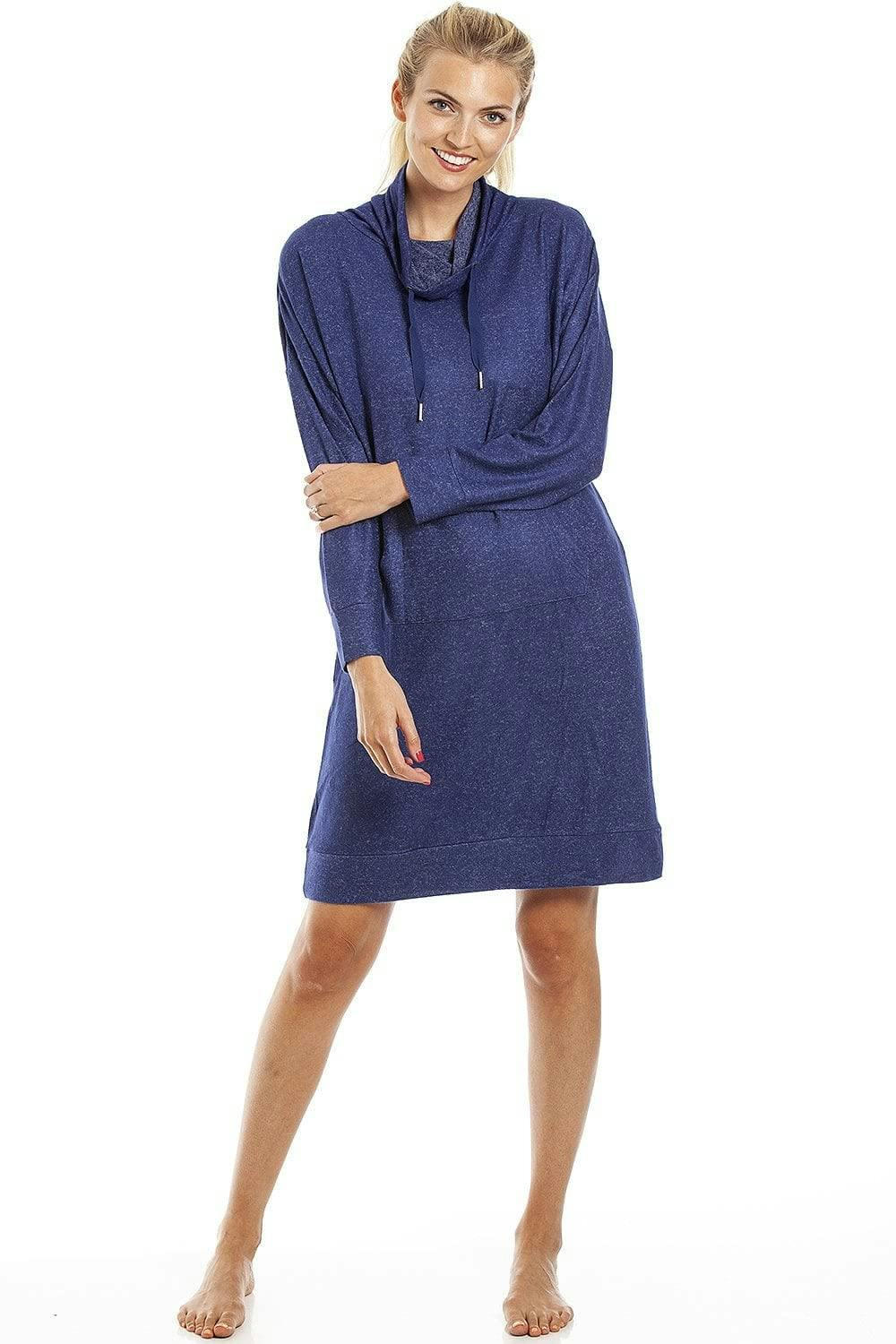 Camille Long Sleeve Cowl Neck Lightweight Knitted Hacci Nightdress - Navy - L