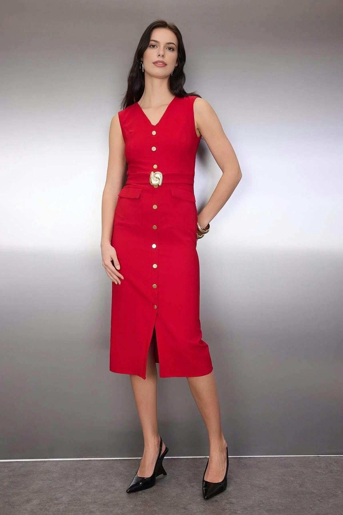 Wovcor Red Midi Woven Dress With Belted Accessory Detail - 6