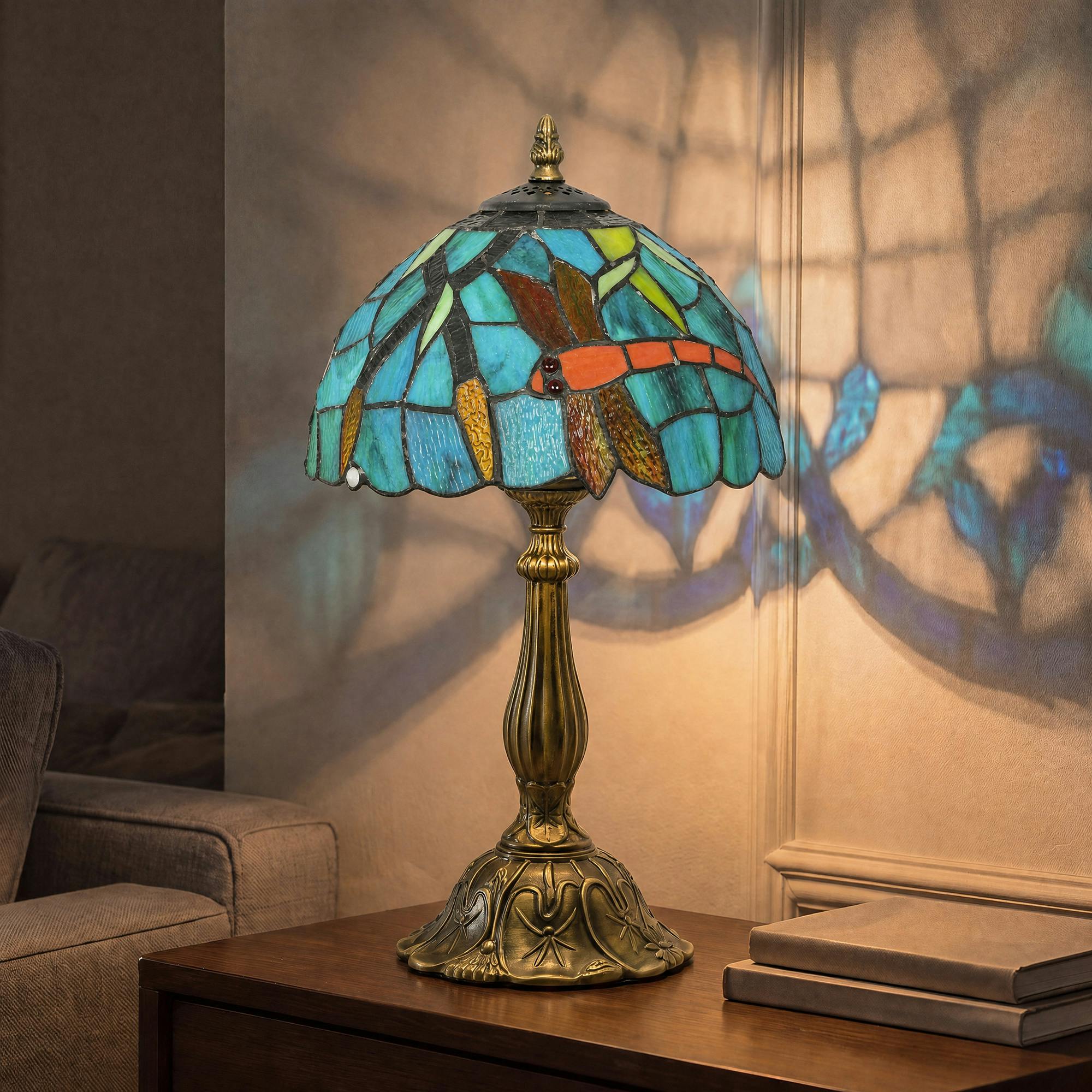 Rackhams Green Stained Glass Table Lamp, Handmade Antique Bedside Lamp For Bedroom